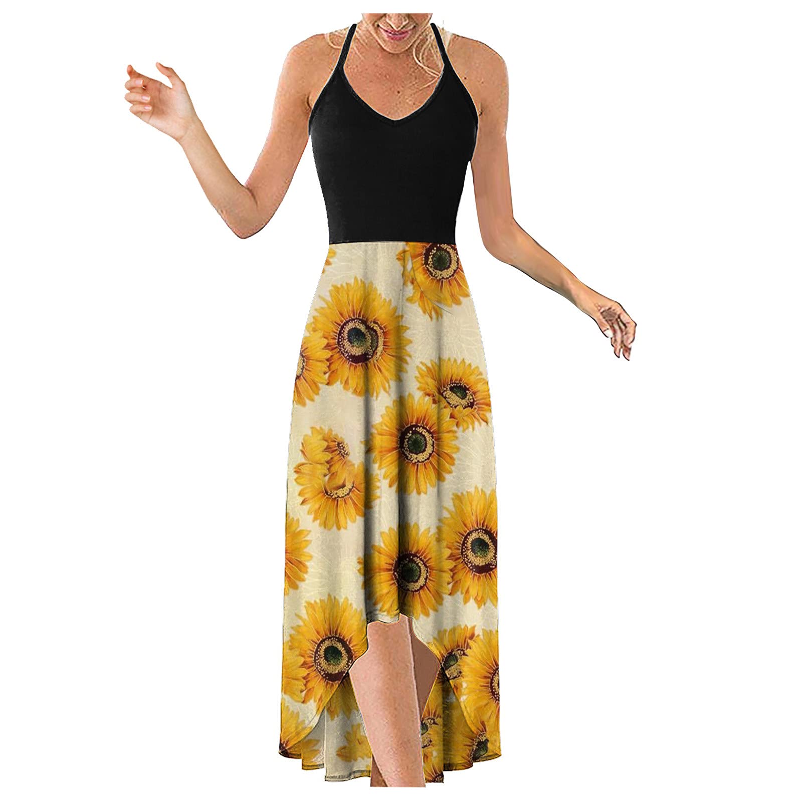 Women's Floral Maxi Dress - O Neck Sleeveless Casual Summer Sundress for Beach, Vacation & Outdoor Activities