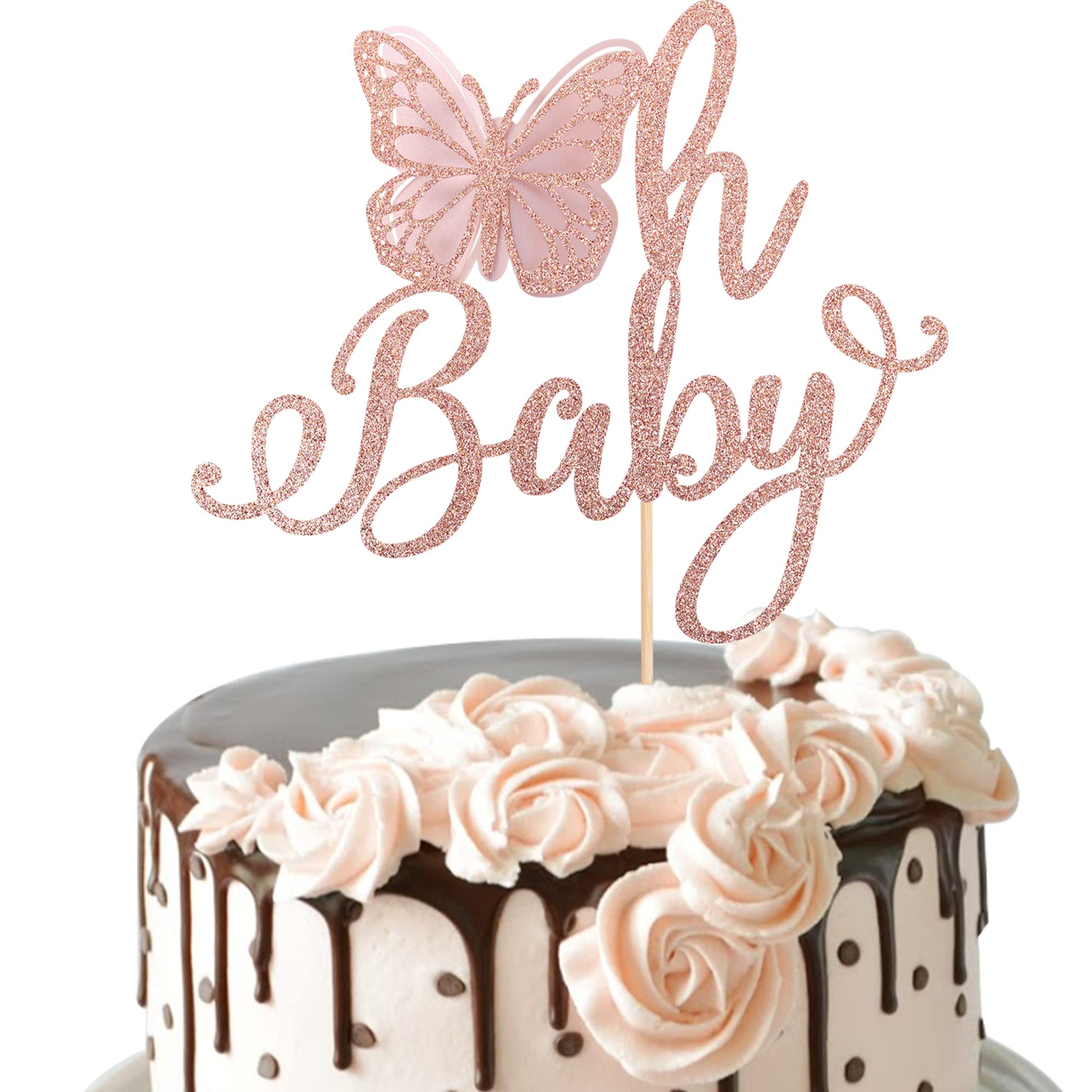 Rsstarxi 1 Pack Rose Gold Glitter Butterfly Cake Topper - Gender Reveal & Baby Shower Decorations for Girls Birthday Parties, Baby Showers, and Cake Decorating