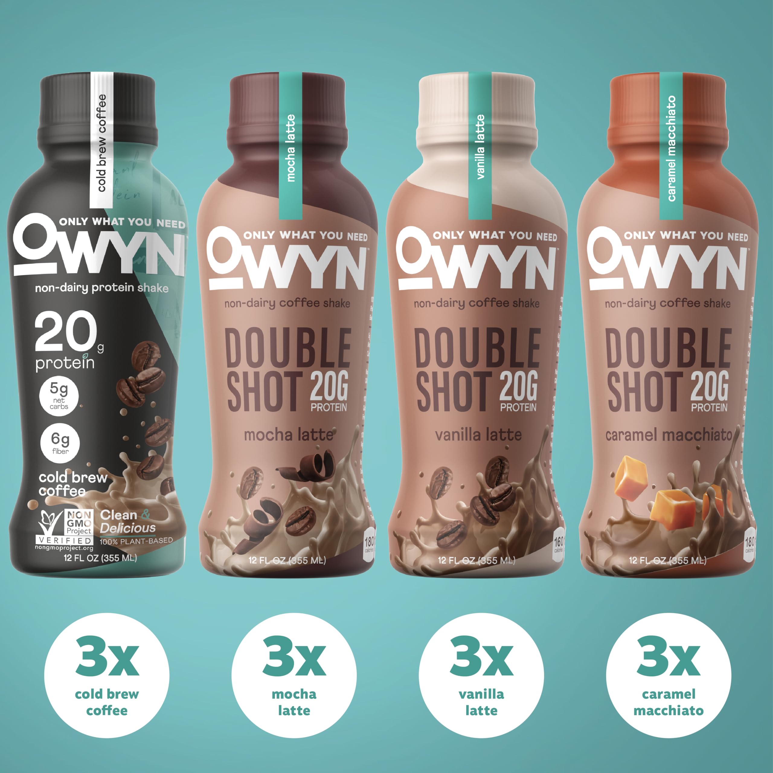 OWYN Dairy-Free Protein Coffee Shake Variety Pack - 20g Plant-Based Protein with Caffeine, Doubleshot & Cold Brew Flavors (12 Pack, 12oz Bottles) - Perfect for Post-Workout Recovery, Morning Energy Boost & On-the-Go Nutrition