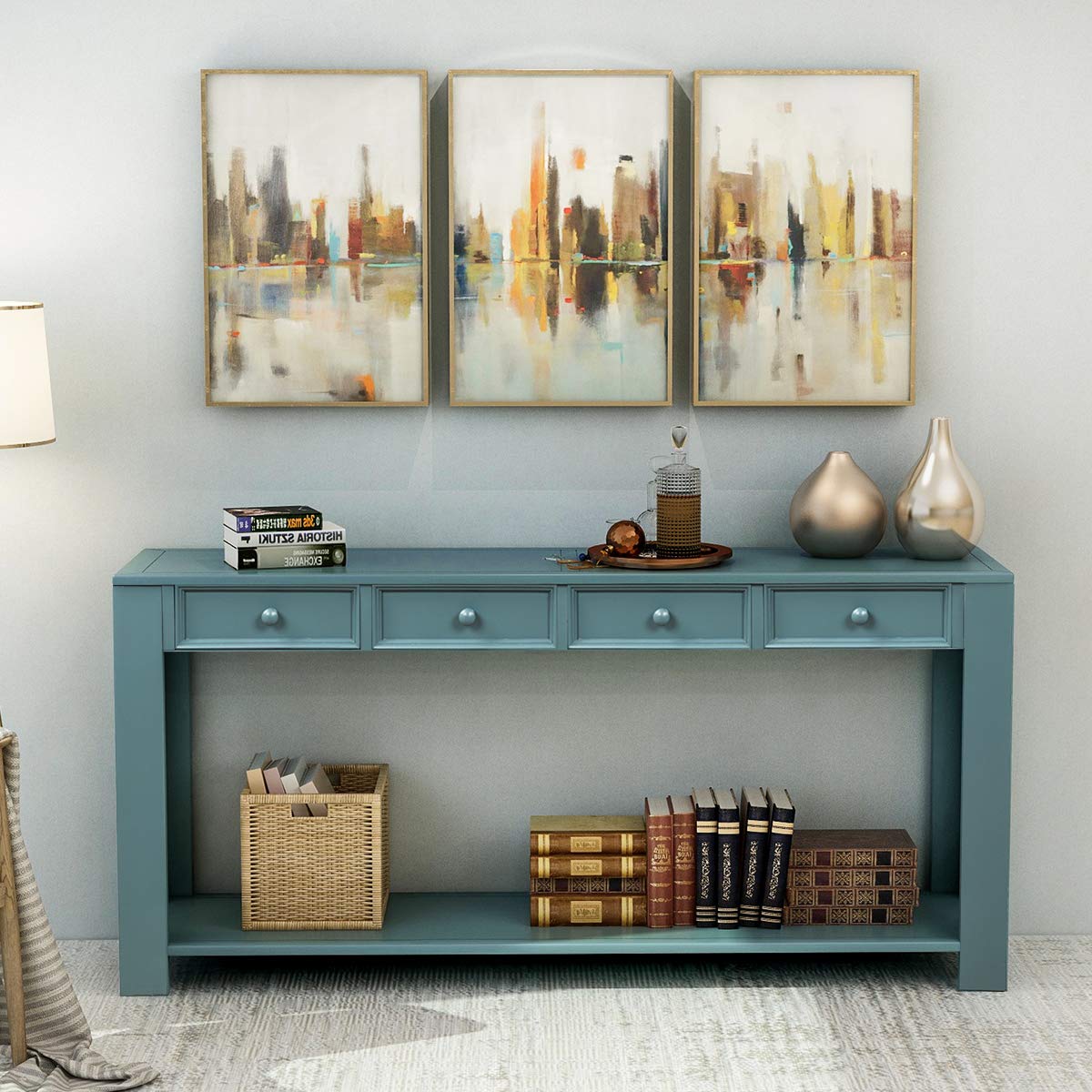 IONGGG 64-inch Wooden Console Table with Storage Drawers & Bottom Shelf - Retro Blue & Wood Sofa Table for Living Room, Entryway, Hallway - Easy Assembly (15