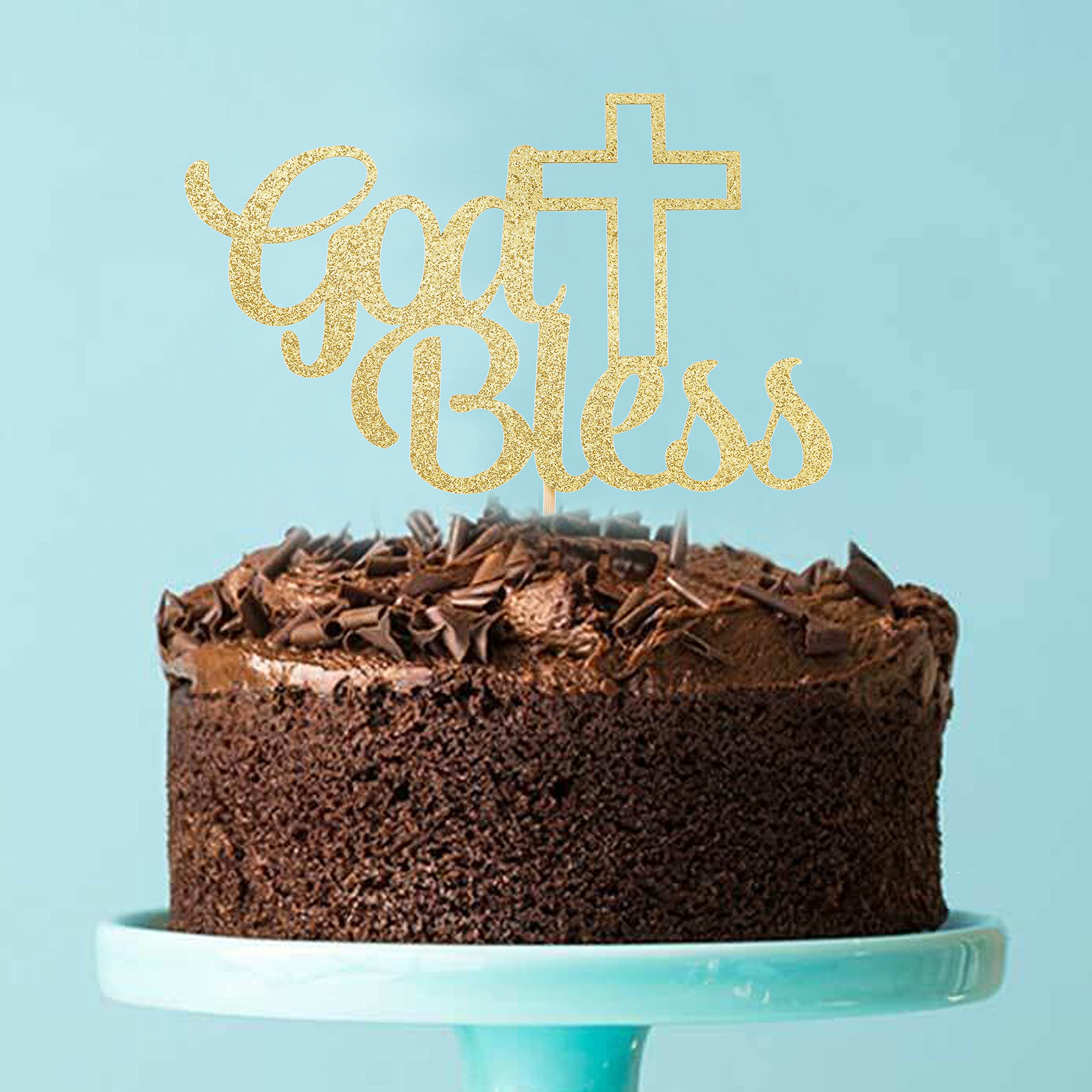 Golden Glitter God Bless Cake Topper - Baptism & First Communion Cake Decorations for Boys & Girls, Religious Cake Topper with Custom Name, Golden Glitter Cake Decor Supplies - Perfect for Baptism, Christening, First Holy Communion & Religious Celebrations