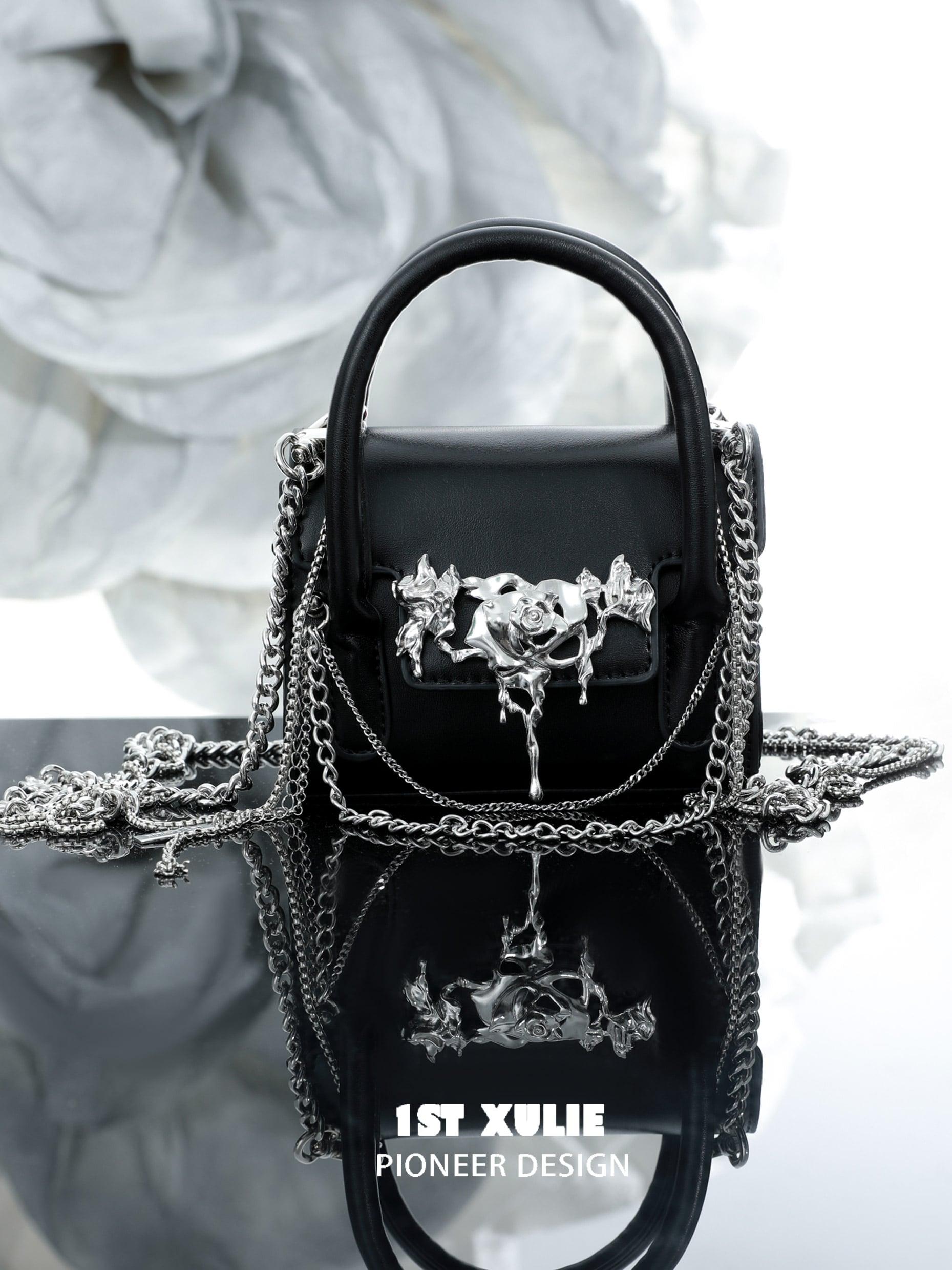 Gothic Style Rose Chain Handbag - Elegant Black Rose Embossed Leather Crossbody Purse for Women | Perfect for Evening Parties, Date Nights & Gothic Fashion Outfits