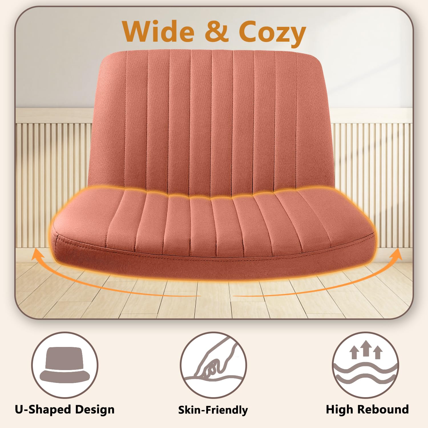 Criss Cross Chair with Wheels - Armless Cross Legged Office Vanity Chair - Comfortable Fabric Wide Swivel Desk Chair for Home Office - Adjustable Vanity Chair with Back Support - Brown - Perfect for Workstations, Makeup Tables & Small Spaces