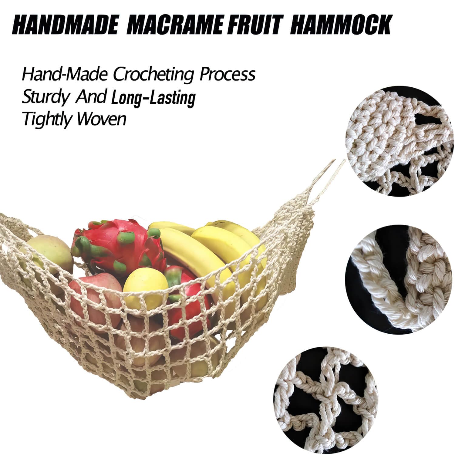 Large Macrame Fruit Hammock Under Cabinet - Space Saving Hanging Basket for Bananas, Vegetables & Fruits - Perfect for Kitchen, RV, Camper & Small Spaces - Natural Cotton Storage Solution for Fresh Produce