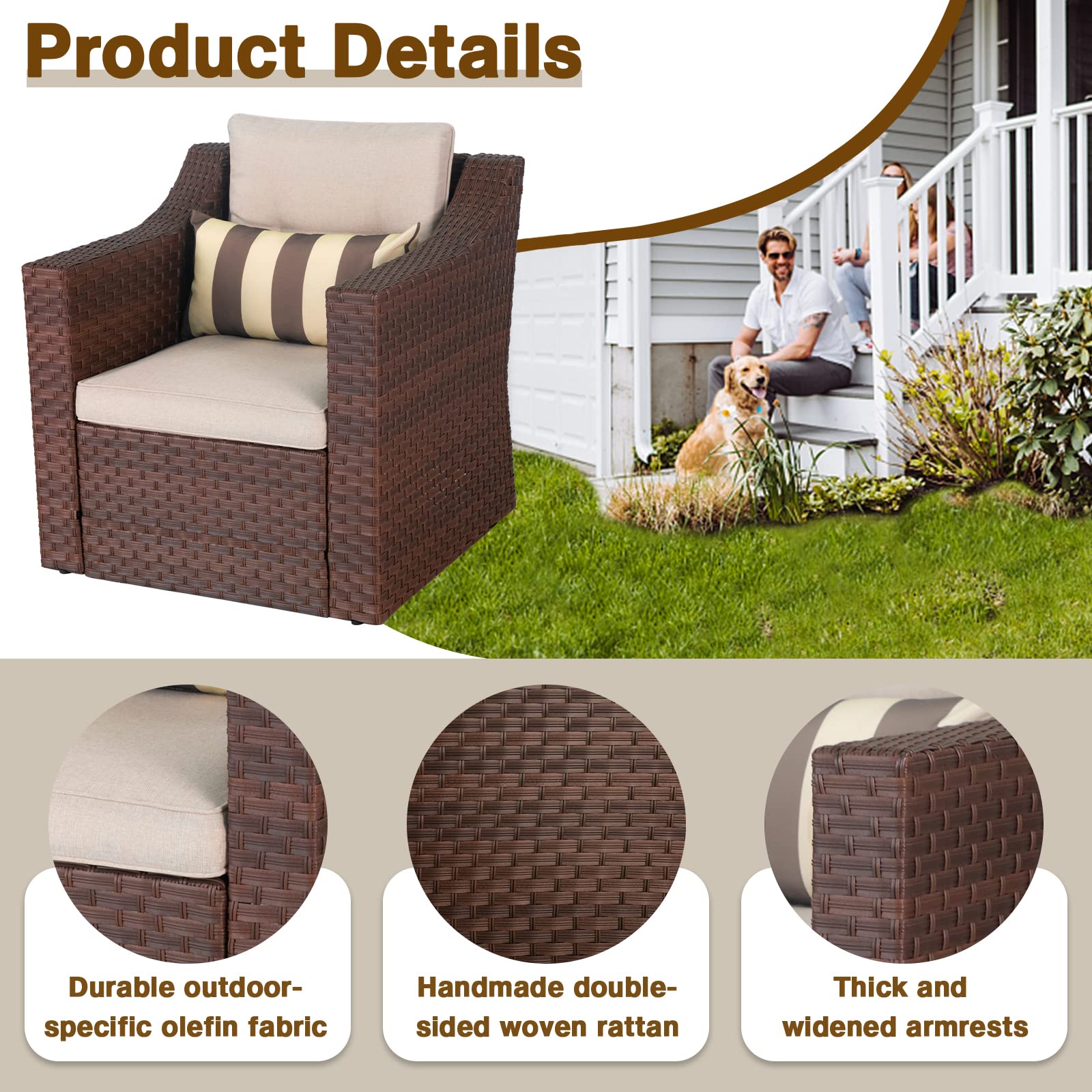 SOLAURA 5-Piece Outdoor Patio Furniture Set - Brown Wicker Lounge Chairs with Ottoman Footrest, Coffee Table & Beige Cushions for Garden, Backyard, Deck or Balcony - Perfect for Relaxing, Entertaining & Outdoor Lounging