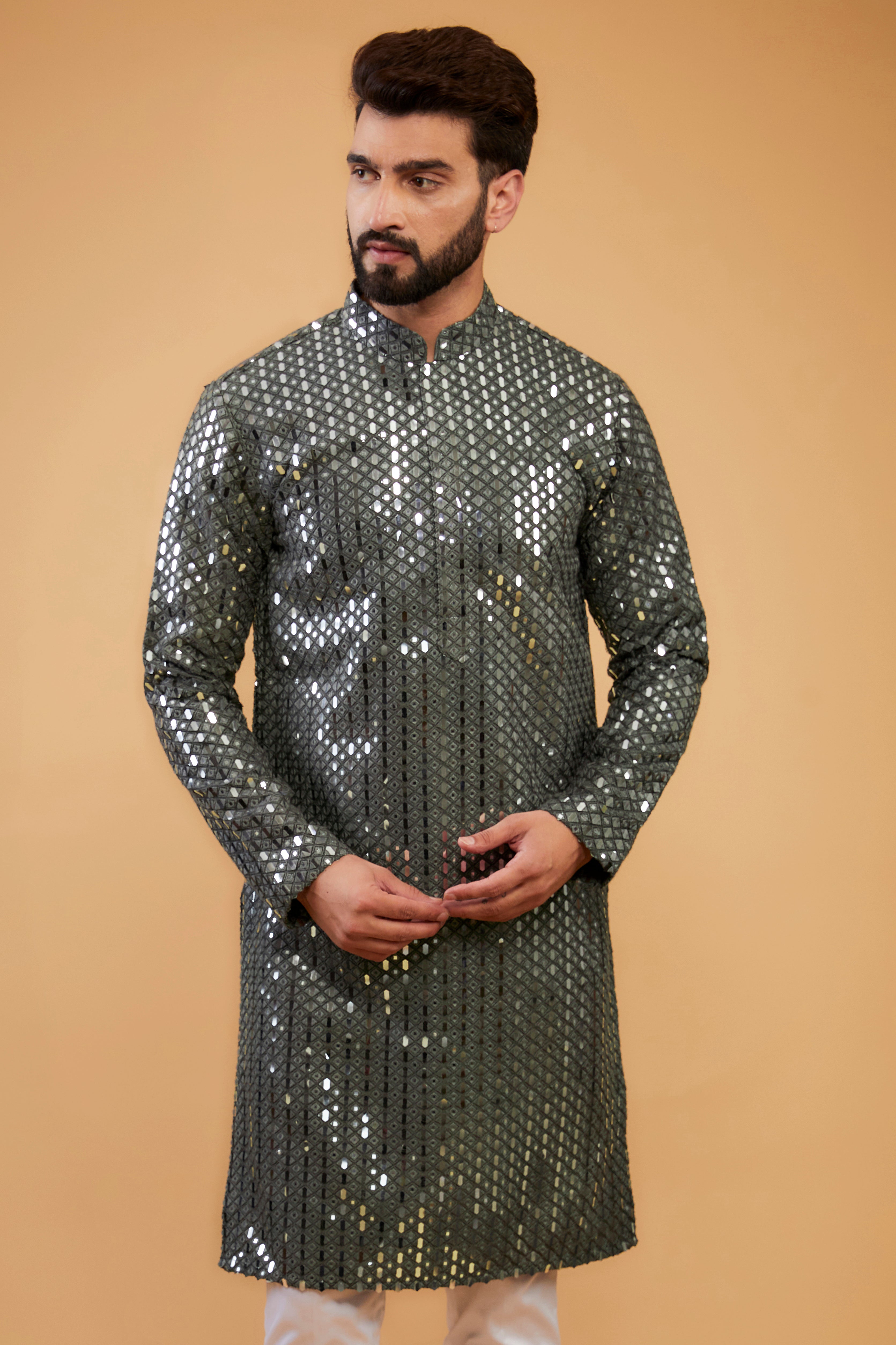 Military Green Heavy Mirror Work Kurta for Men - Embroidered Ethnic Tunic - Traditional Indian Wear for Festivals & Weddings