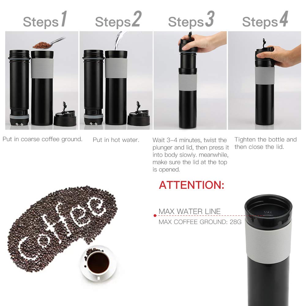 ALLOMN French Press Coffee Maker - 12oz/350ml Portable Travel Mug for Tea & Frothed Milk, Vacuum Insulated Stainless Steel Coffee Press for Home, Office, Camping & Outdoor Adventures (Black) - Perfect for Coffee Lovers & Travel Enthusiasts