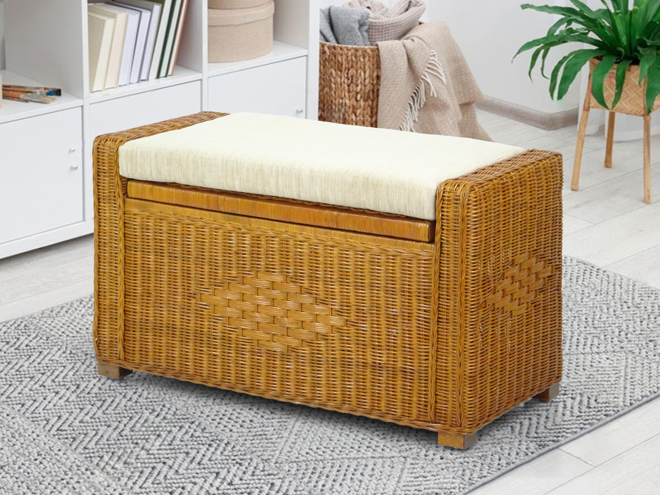 Bruno Handmade 32 Inch Rattan Wicker Storage Trunk Organizer Ottoman with Cushion - Colonial Style Home Decor for Living Room, Bedroom & Patio Storage