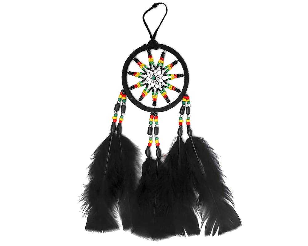 Handmade Rasta Dream Catcher with Natural Feathers & Multicolored Beads - Boho Wall Hanging Decor for Bedroom, Nursery, or Living Room - Perfect Hippie Gift for Home & Spiritual Space