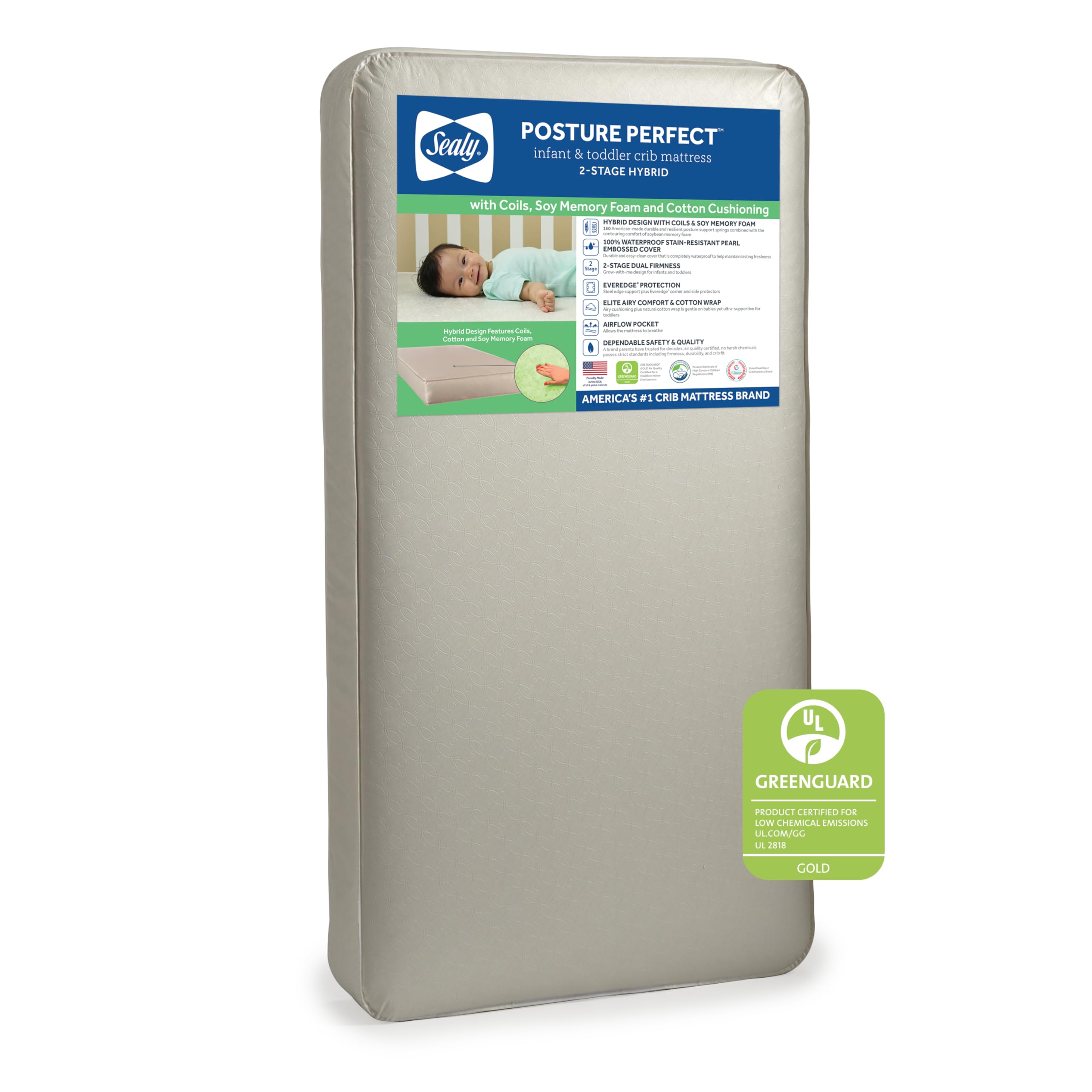 Sealy Baby Posture Perfect 2-Stage Waterproof Crib Mattress with Toddler Bed Fit - Hybrid Memory Foam & 150 Premium Coils - GREENGUARD Gold Certified, Safety Tested - Made in USA (52