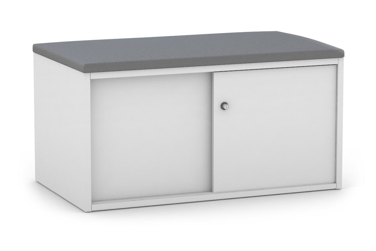 Low Profile 2-Door Sliding Credenza with Top Cushion - Modern TV Stand for Living Room, Bedroom Storage Cabinet with Smooth Gliding Doors