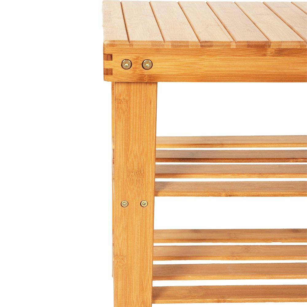 3-Tier Bamboo Shoe Rack Bench with Strip Pattern - Entryway Shoe Organizer & Storage Shelf for Hallway, Bathroom, Living Room & Corridor - Space-Saving Natural Wood Shoe Storage Solution for Small Apartments and Closet Organization