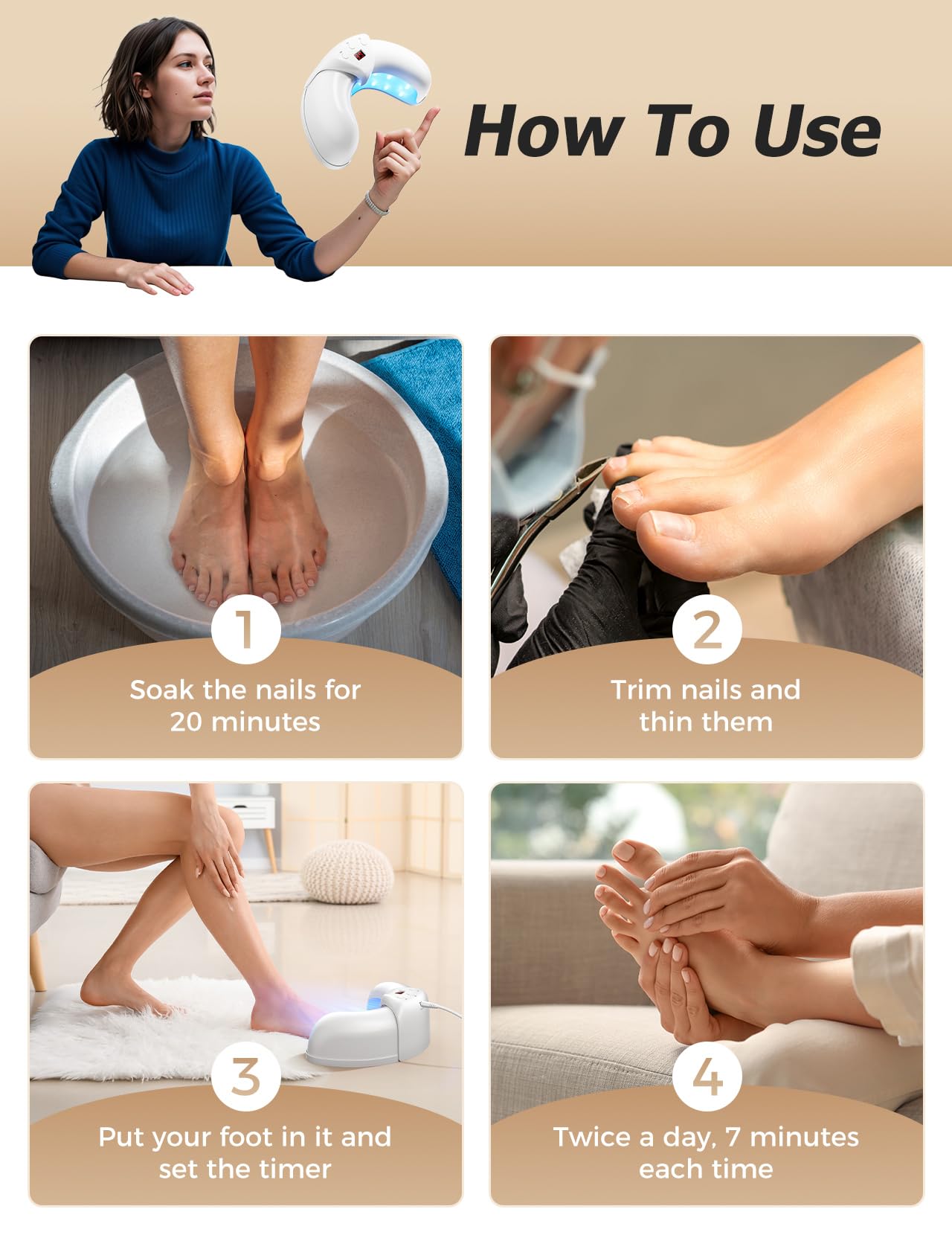 Professional Nail Fungus Light Treatment Device for Toenails & Fingernails - Safe Home Therapy for Onychomycosis, Damaged & Discolored Nails - Ideal for Daily Nail Care & Fungal Infection Prevention