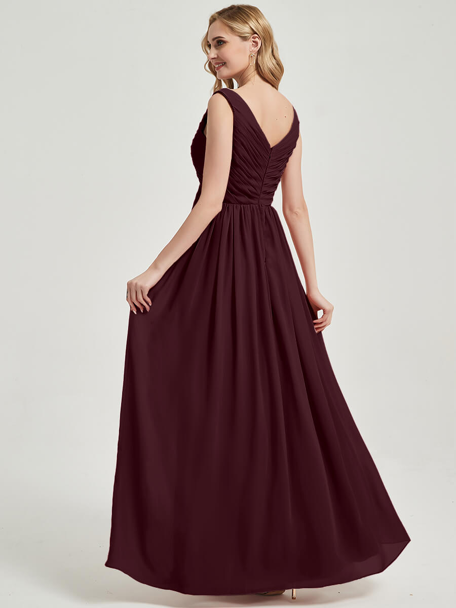 Elegant Cabernet Pleated V-Neck Sleeveless Empire Waist Maxi Chiffon Bridesmaid Dress for Weddings, Formal Events & Special Occasions