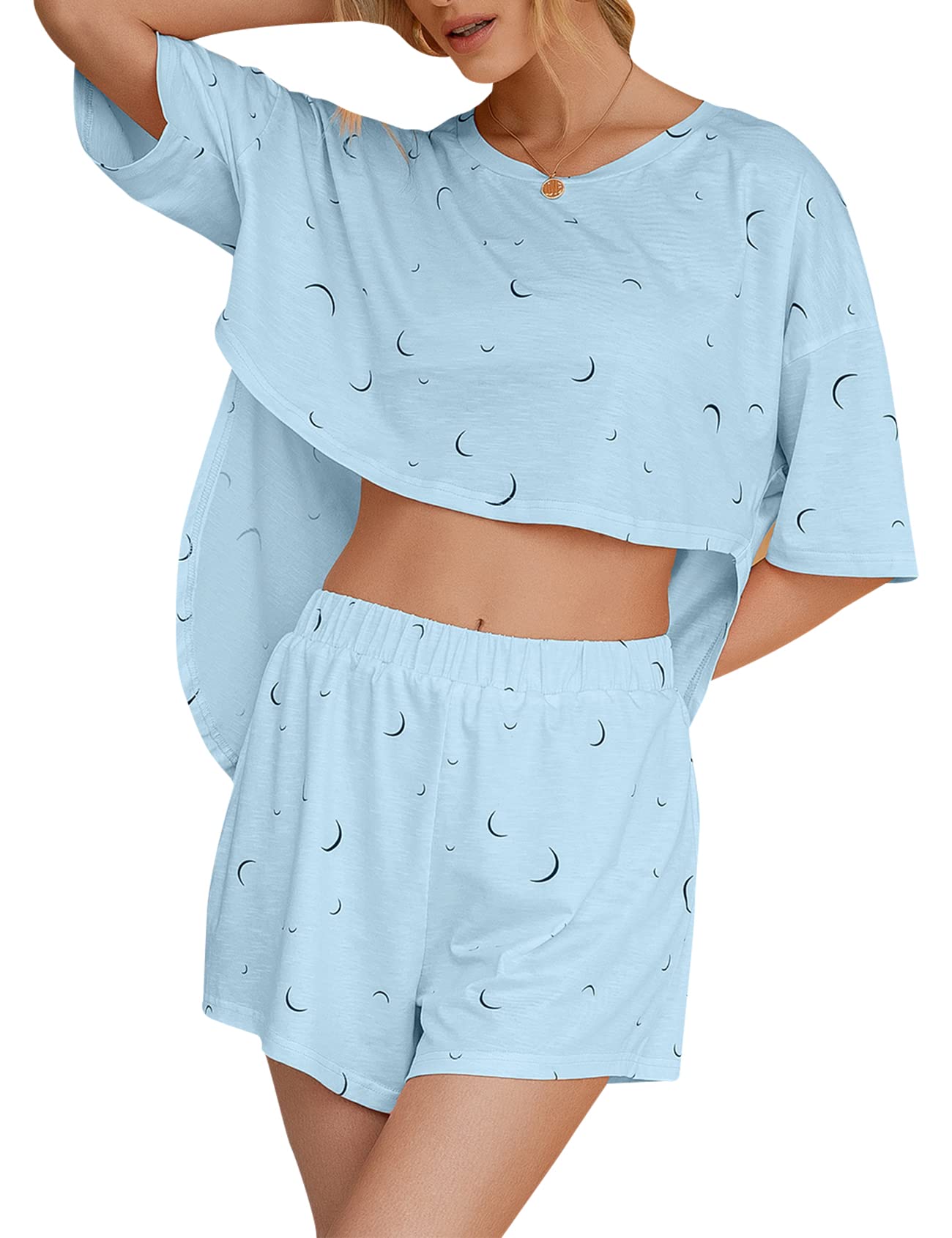 Yimoon Women's Cute Sleepwear Set - Short Sleeve Top & Lounge Shorts Pajamas | Soft Comfortable Nightwear for Sleep, Relaxing at Home, and Vacation