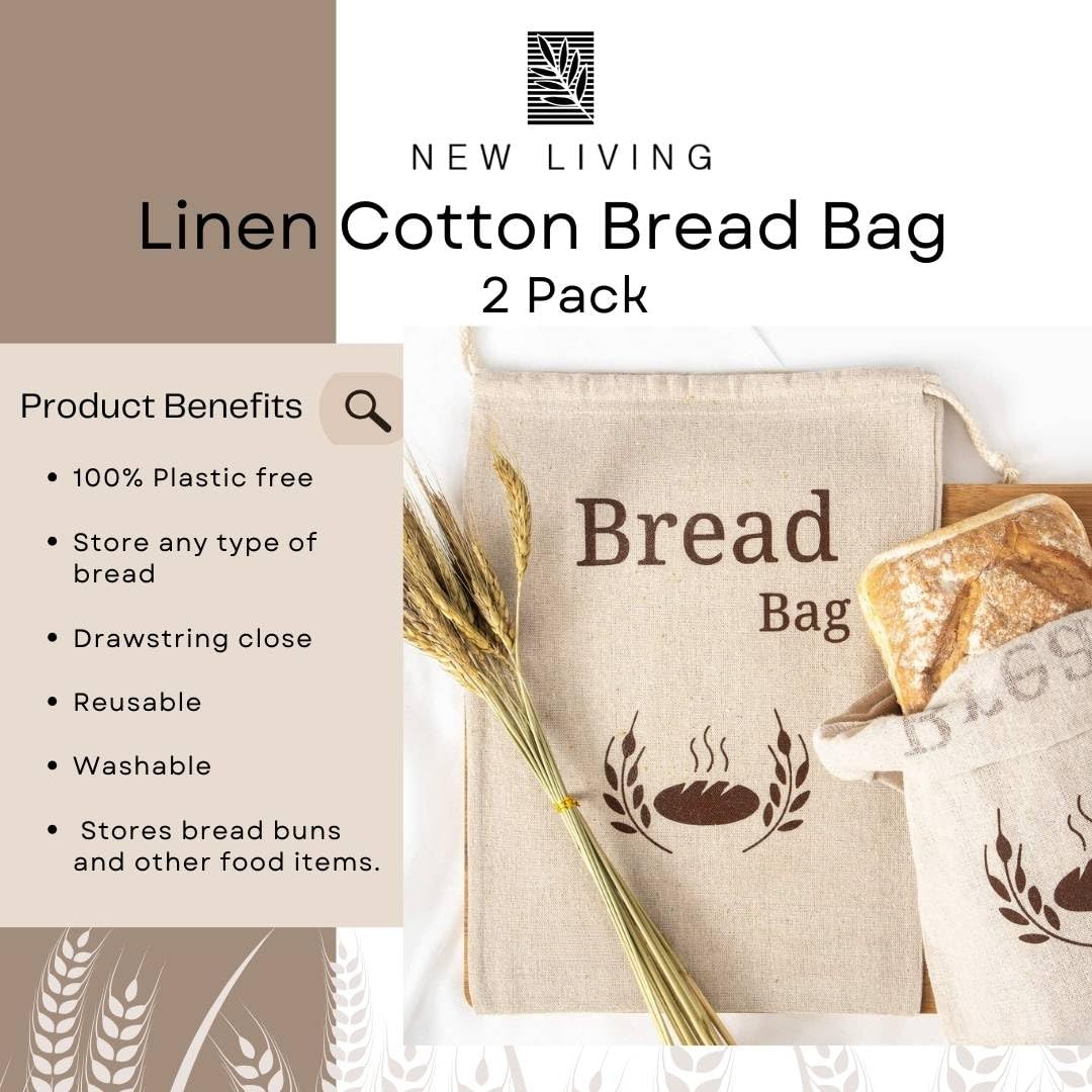 2 Pack Organic Linen Bread Bags - Reusable & Eco-Friendly Food Storage Bags (38x27cm) for Fresh Bread, Pastries & Baked Goods - Perfect for Home, Bakery & Picnic Use