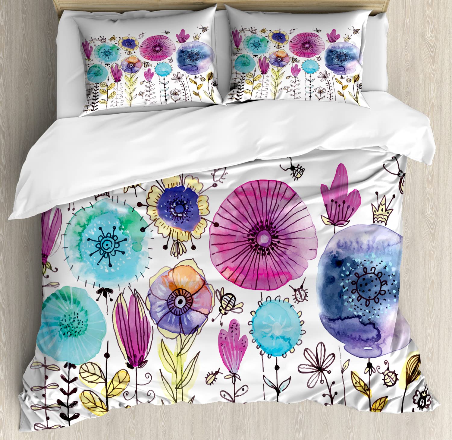 Ambesonne Dragonfly Duvet Cover Set - Queen Size 2-Pack with 4 Pillowcases, Pink & Blue Summer Design Featuring Dandelions & Winged Insects | Perfect for Bedroom Decor, Guest Rooms & Seasonal Home Refresh