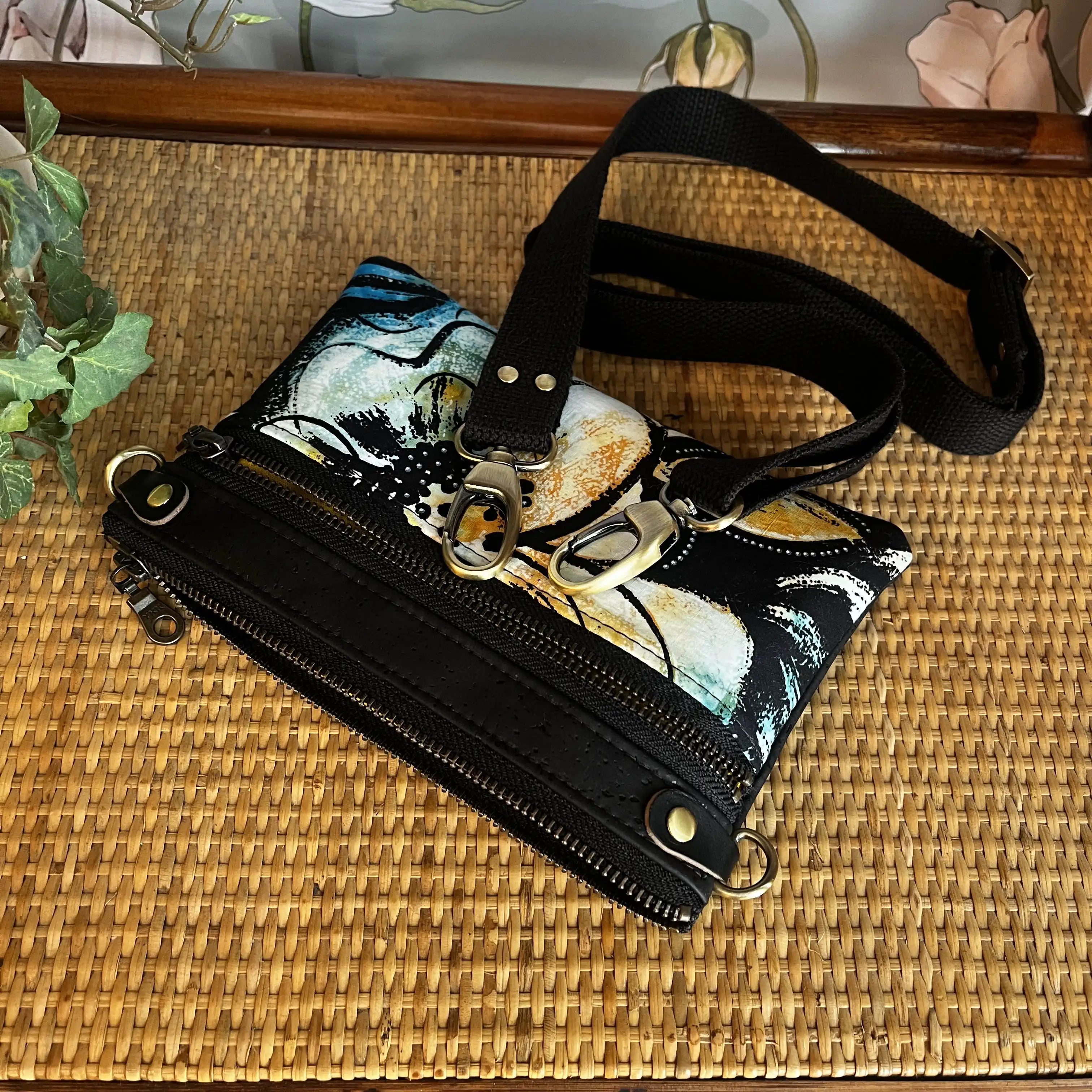 Izzy Cross Body Small Handbag - Black Cork Batik & Antique Leather Purse for Women | Perfect for Everyday Use, Travel & Casual Outings