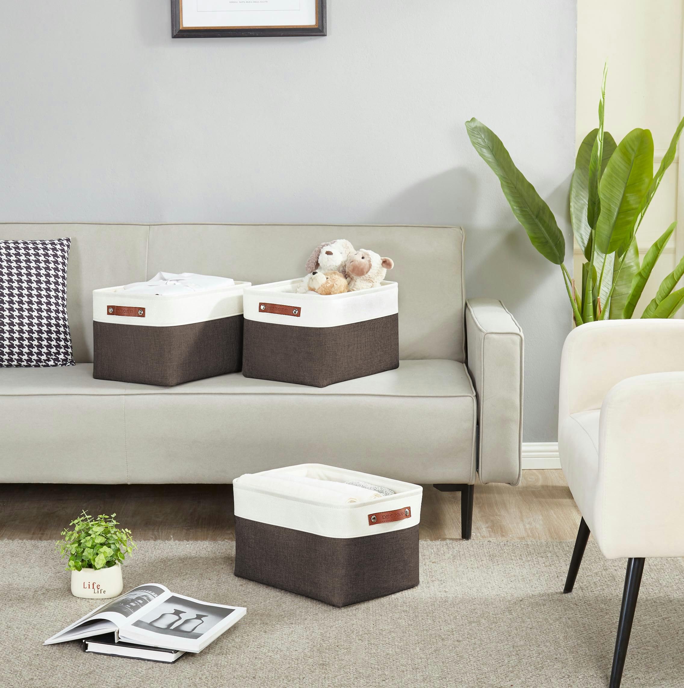 DECOMOMO Fabric Storage Bins - Large 3-Pack Organizing Baskets for Shelves, Linen Closet, Toys & Nursery (Brown & White) | Perfect for Home Organization, Kids Room Storage & Closet Decluttering