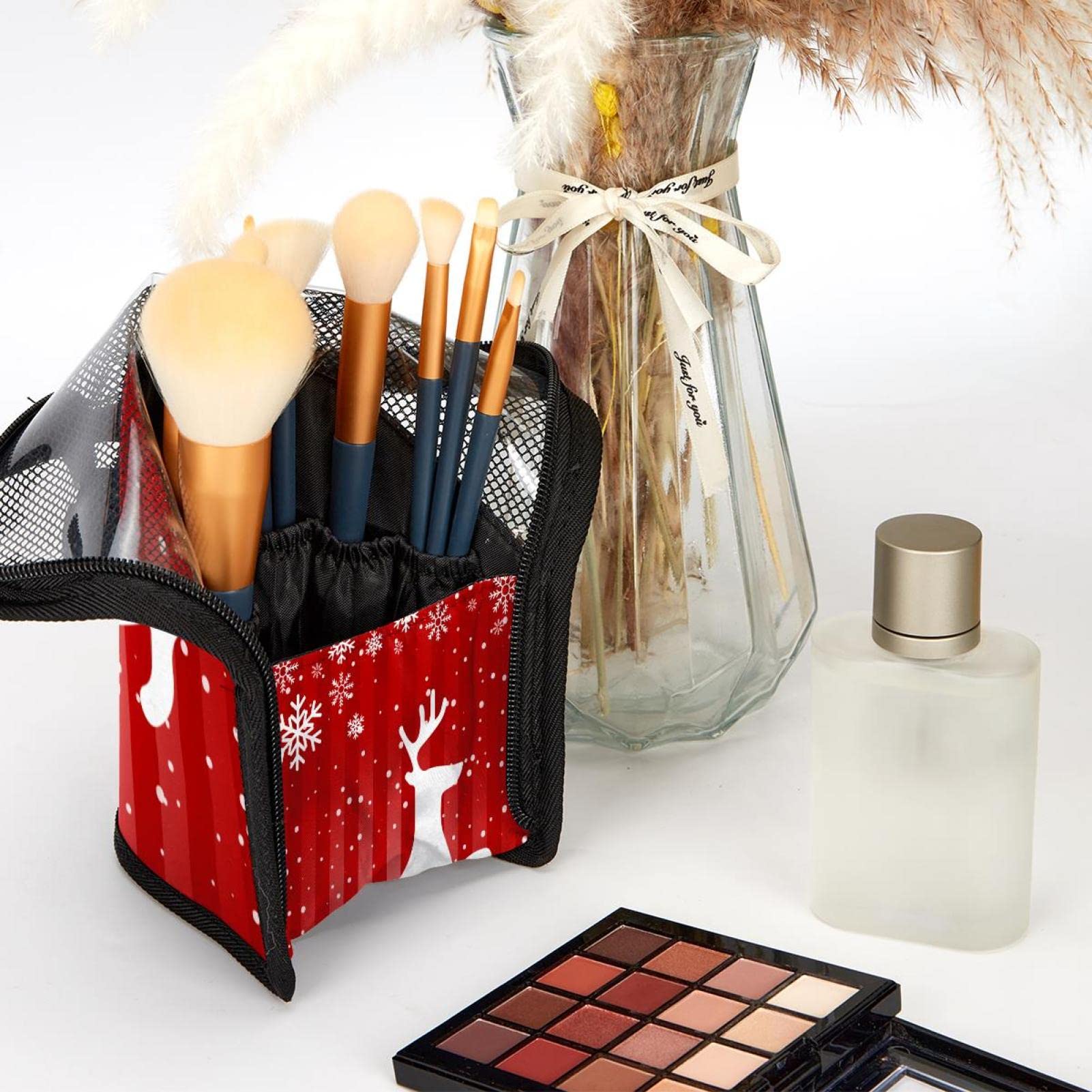 12-Piece Makeup Brush Organizer Bag with Reindeer Snow Design - Portable Travel Cosmetic Brush Holder Case for Christmas, New Year Gifts - Perfect for Makeup Artists, Travel, and Home Storage