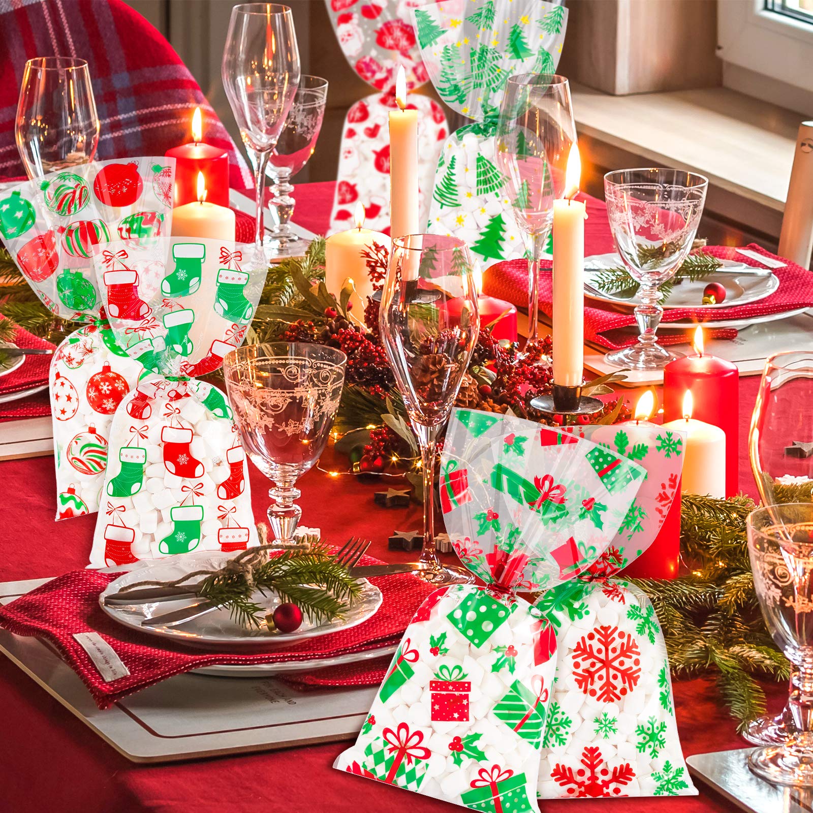 150Pcs Christmas Cellophane Bags with Twist Tie - 6 Festive Designs (Snowman, Xmas Tree, Snowflake) for Candy, Treats & Party Favors | Perfect for Holiday Gift Wrapping, Table Decor & Christmas Celebrations
