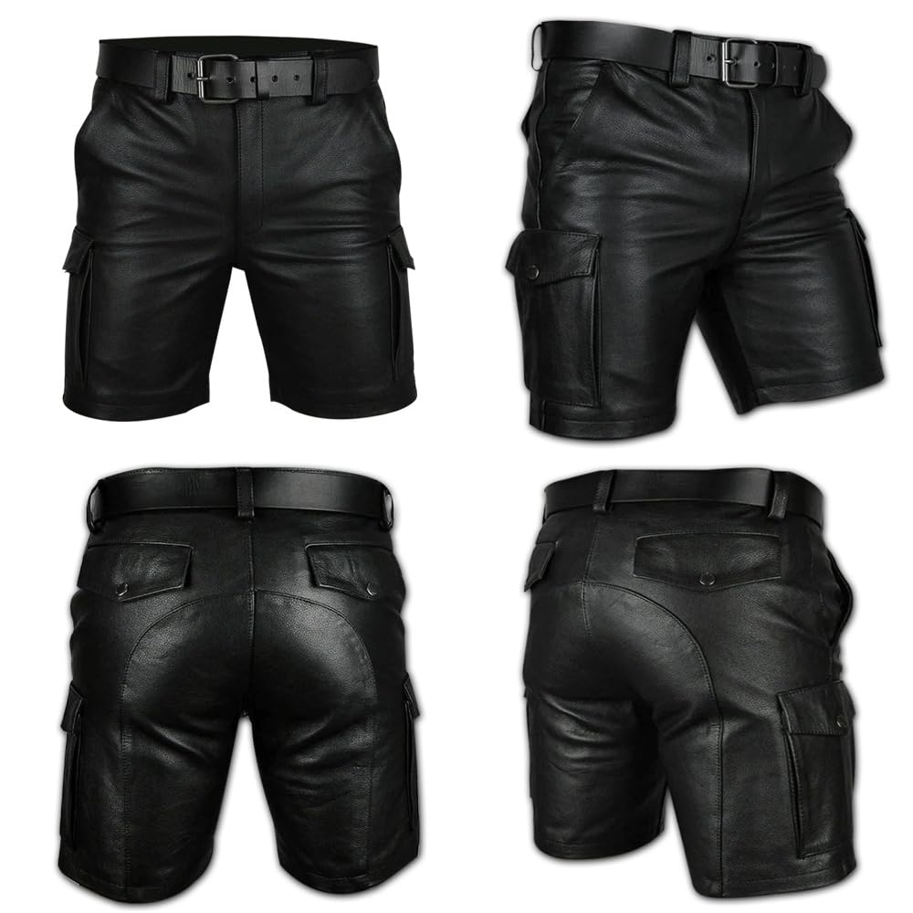 Men's Genuine Leather Belted Cargo Shorts - Stylish Casual Wear with Multiple Pockets | Perfect for Outdoor Adventures, Club Nights & Everyday Comfort