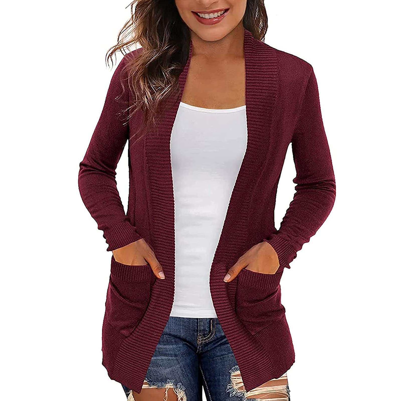 Modaworld Women's Lightweight Open Front Cardigan Sweater with Pockets - Casual Long Sleeve Knit Cardigan for Work, Office, and Everyday Wear