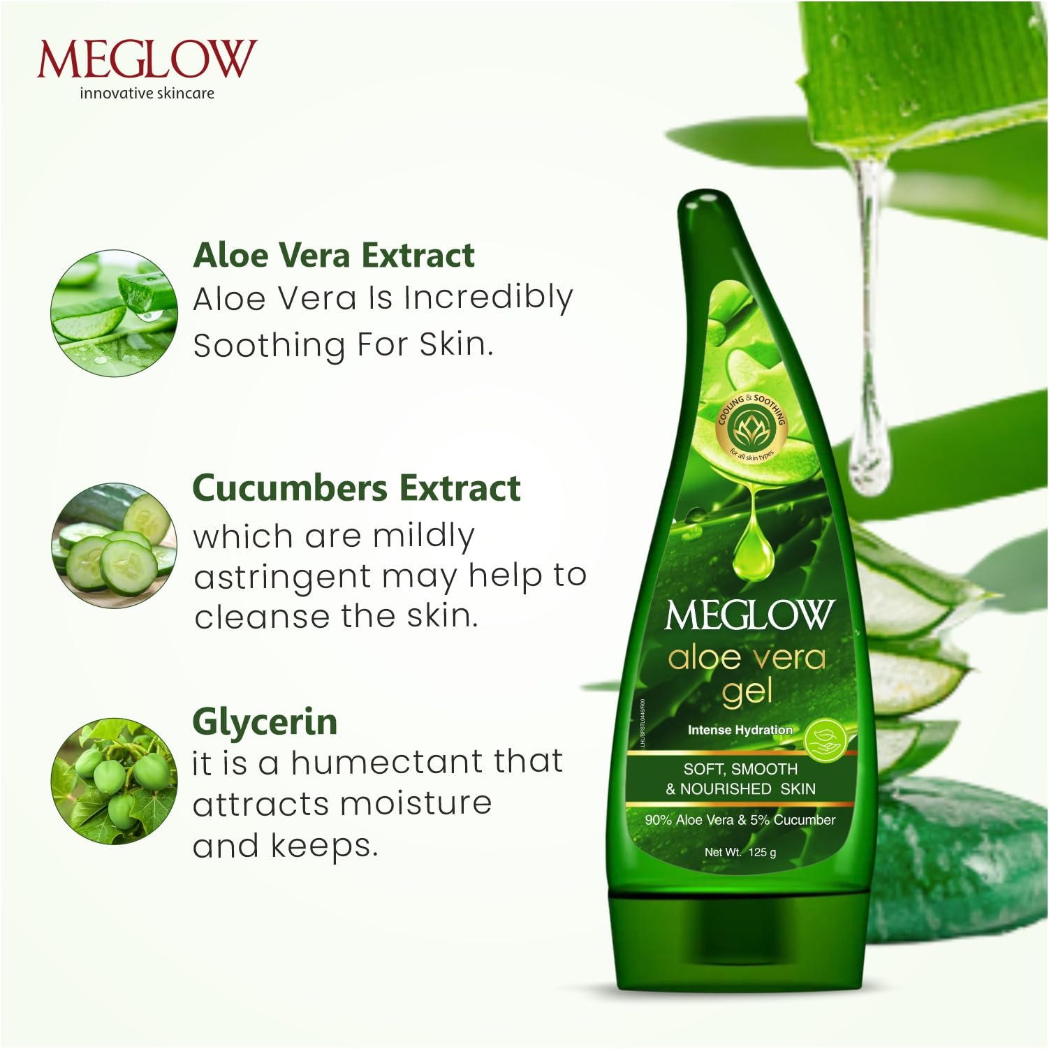 **Meglow Pure Aloe Vera Gel with Cucumber Extracts – Hydrating & Moisturizing Skin Care for Soft, Smooth & Nourished Face & Body – Pack of 2 (125g Each) – Perfect for Sunburn Relief, After-Sun Care & Daily Hydration**