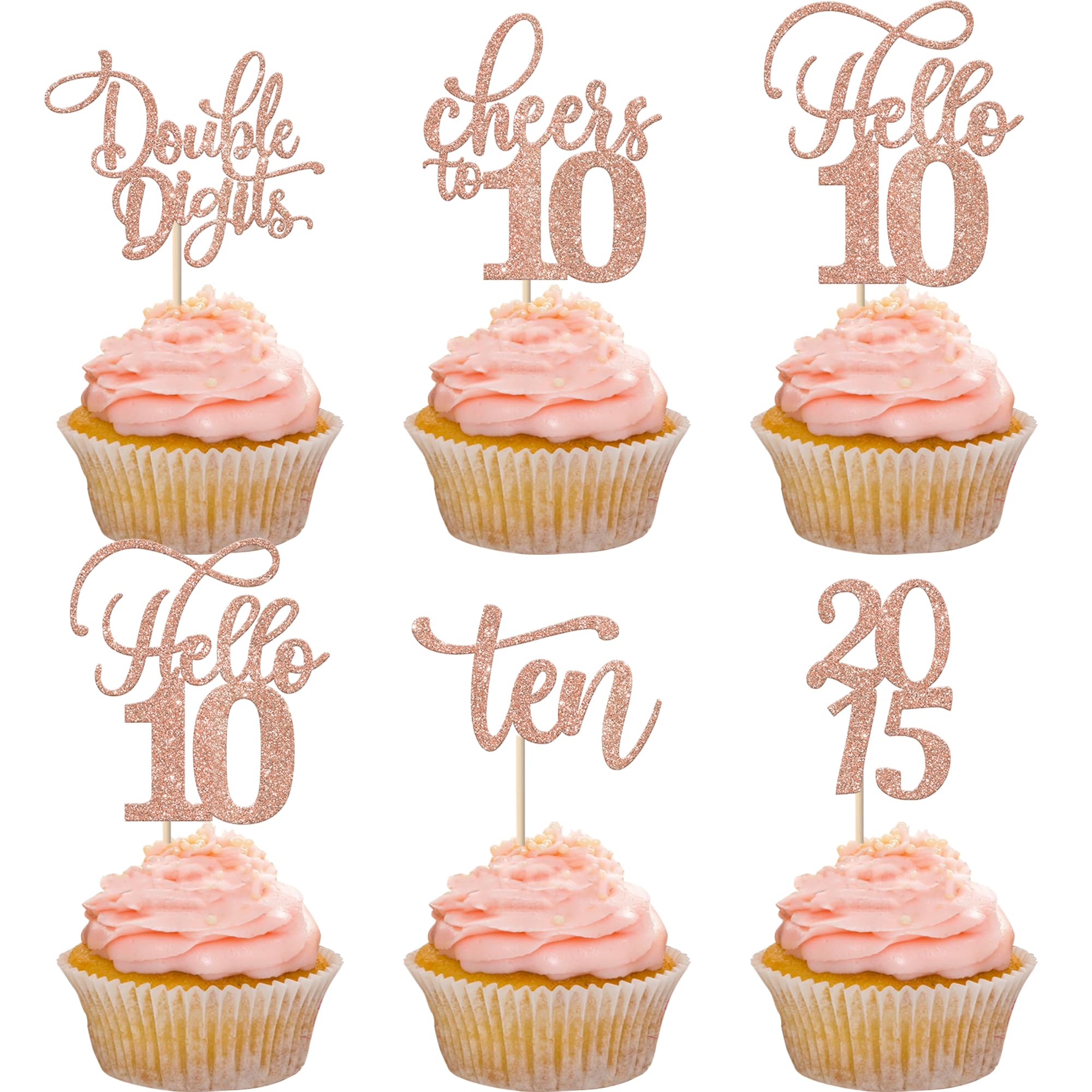 Rsstarxi 30 Pack 10th Birthday Cupcake Toppers - Glitter Double Digits Since 2015, Hello 10, Ten Cheers to 10 Years - Rose Gold Cake Decorations for Birthday Parties, Anniversary Celebrations & Special Events