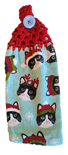 Handmade Cherry Red Cat in Hat Christmas Kitchen Towel - Festive Holiday Dish Towel for Baking, Cooking & Decorating - Perfect for Christmas Gifts & Home Decor