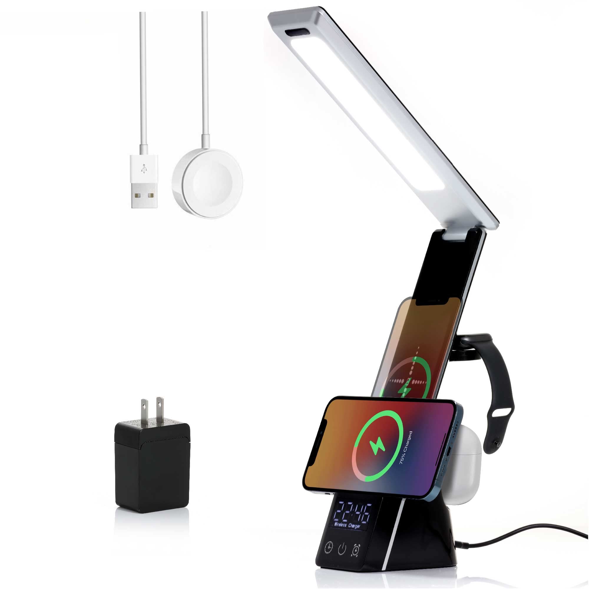 Wireless Charging LED Desk Lamp with Fast Charger for iPhone, Apple Watch, AirPods - Dimmable 3-Mode Reading Light, Night Light & Study Lamp (White/Black) - Perfect for Home Office, Bedroom & Study Room