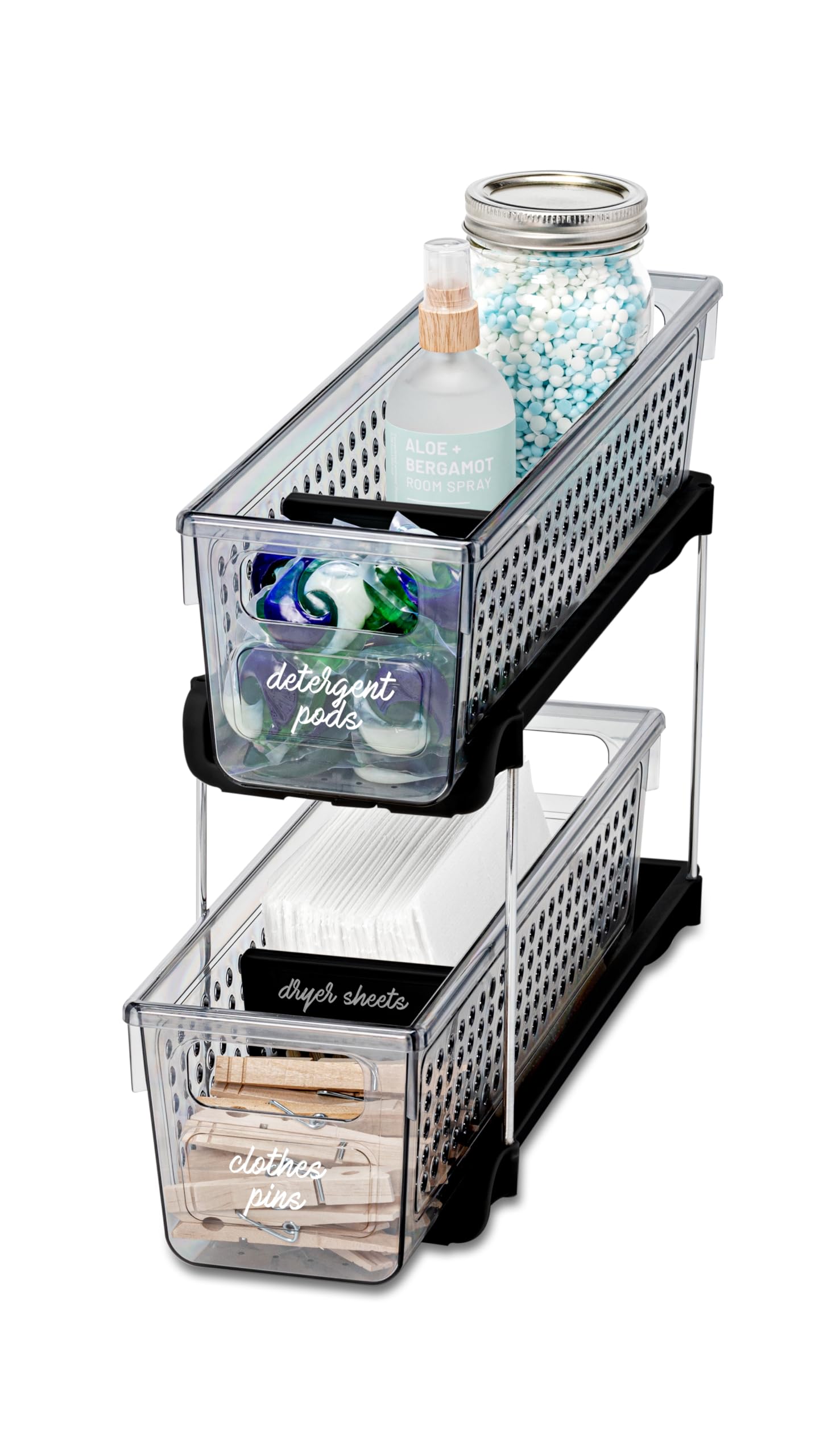 Madesmart Mini 2-Tier Plastic Storage Organizer with Slide-Out Bins - Space Saving Under Sink & Cabinet Organizer for Kitchen, Bathroom, Office - Carbon Black