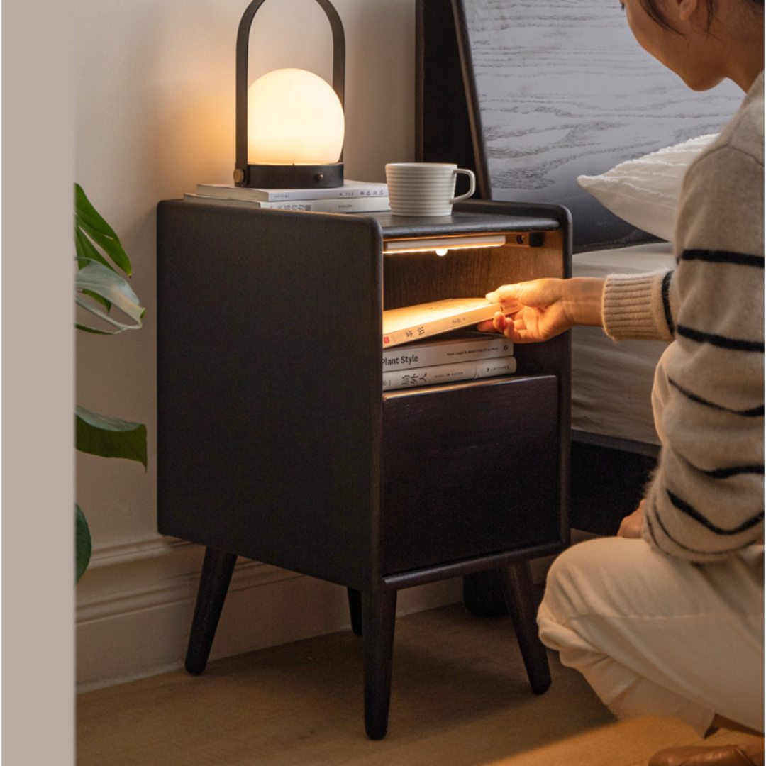 Solid Oak Wood Ultra Narrow Nightstand with Soft Light Sensor - Perfect for Small Bedrooms, Apartments, and Cozy Spaces