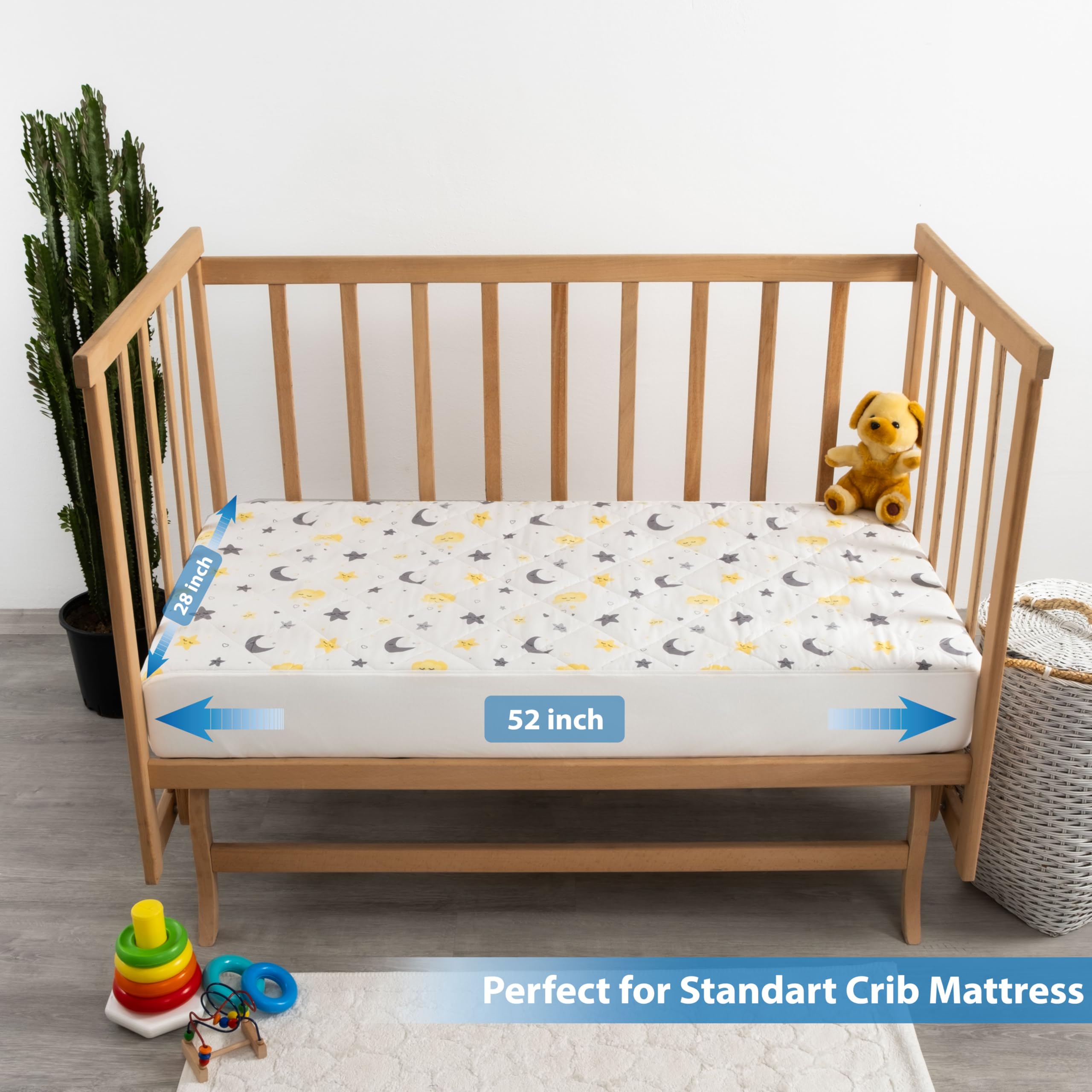 Waterproof Crib Mattress Protector - 100% Cotton Quilted Absorbent Sheet for Baby & Toddler - Certified Noiseless Machine Washable - Moon & Star Pattern 52