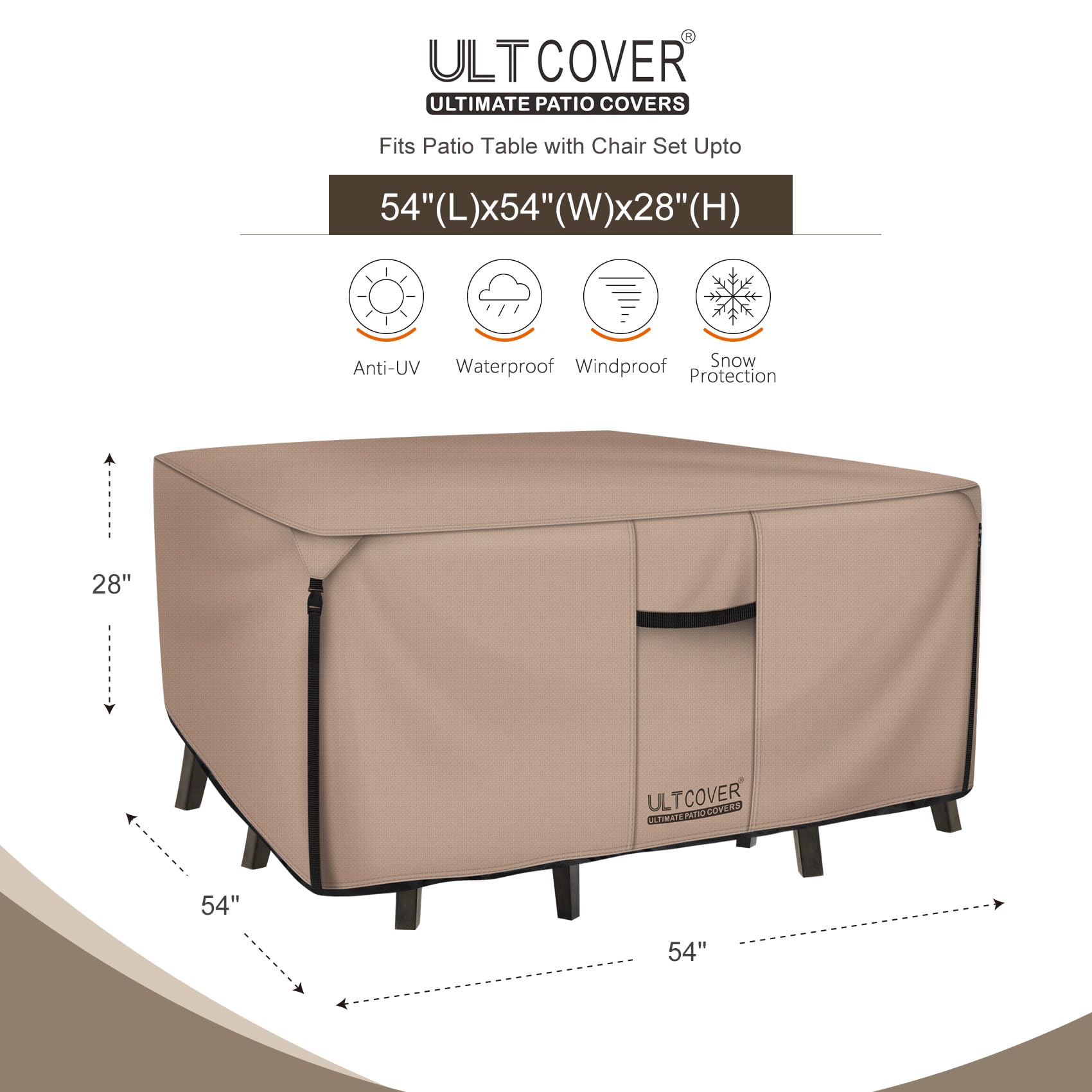 ULTCOVER 54 Inch Heavy Duty Waterproof Square Patio Table Cover - 600D Tough Canvas Outdoor Furniture Protector for Dining Tables & Chairs | All-Weather Protection for Backyard, Garden & Deck Use