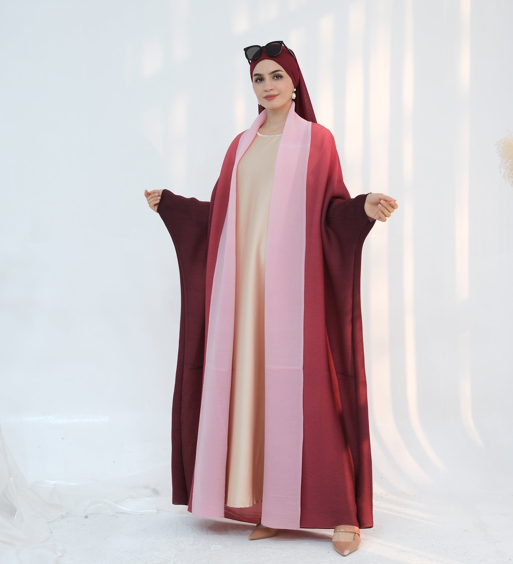 Elegant Kenyat Pleated Ombre Kimono Open Abaya - Pink Flowy Cover-Up for Women | Perfect for Beach, Boho Fashion & Special Occasions