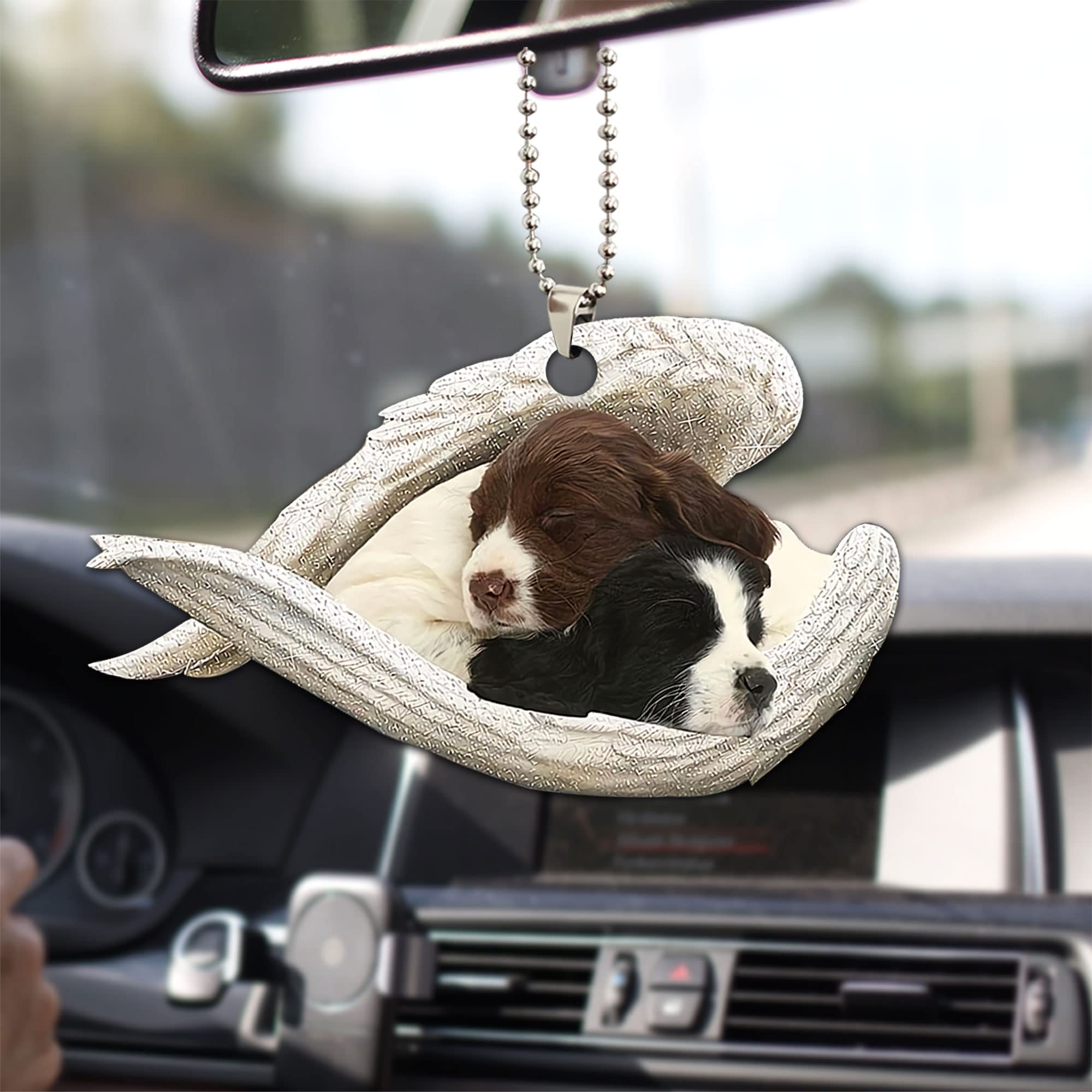 Black and White English Springer Spaniel 2D Flat Car Rear View Mirror Hanging Charm - Liver Dog Decor, Christmas Tree Ornament, Interior Pendant Gift for Pet Lovers | Perfect for Car Accessories, Home Decor, and Holiday Gifting