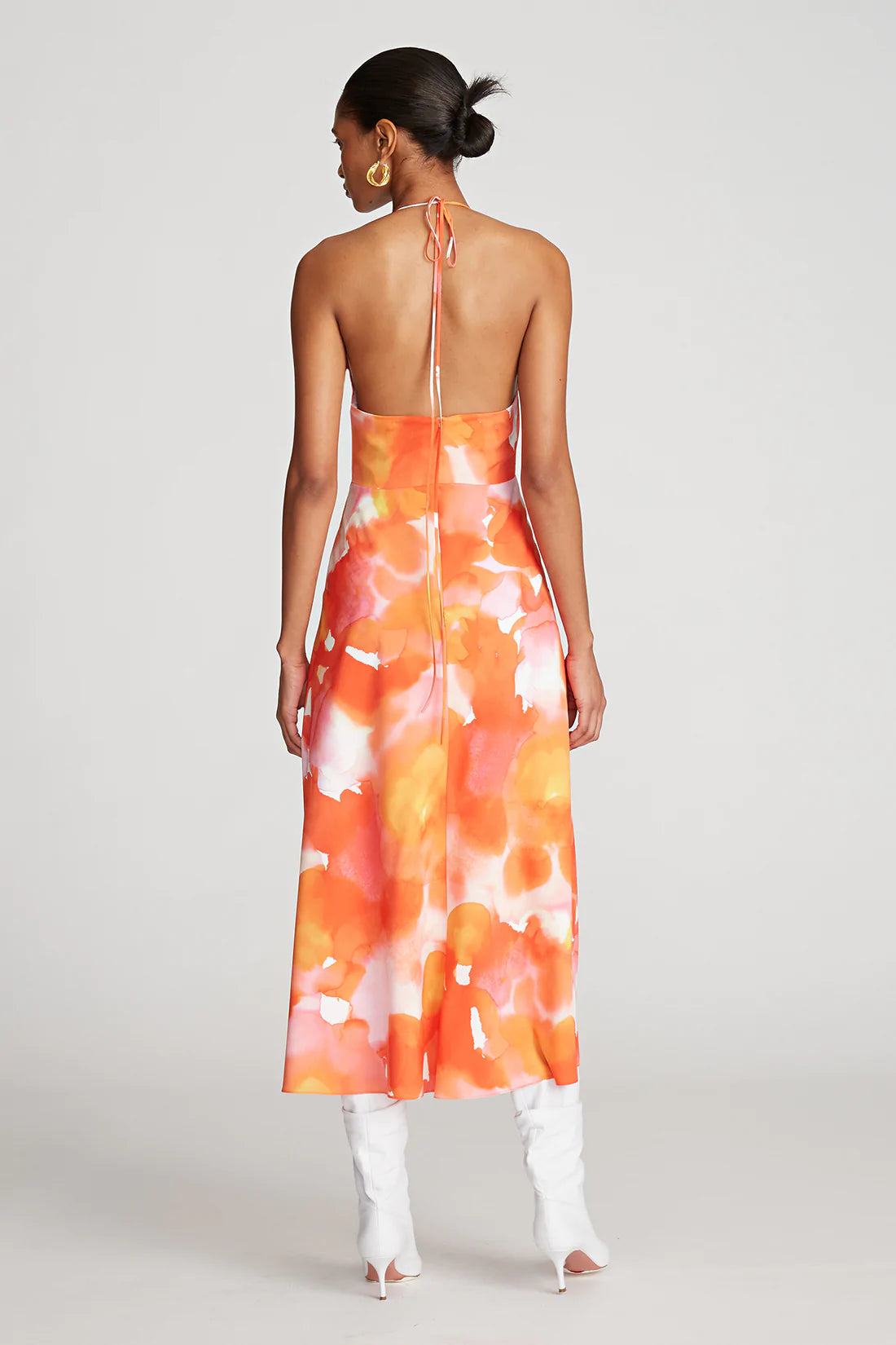 Avni Crepe De Chine Dress - Sunset Watercolor Floral Print, Elegant Flowy Midi Dress for Women, Perfect for Summer Weddings, Garden Parties & Date Nights