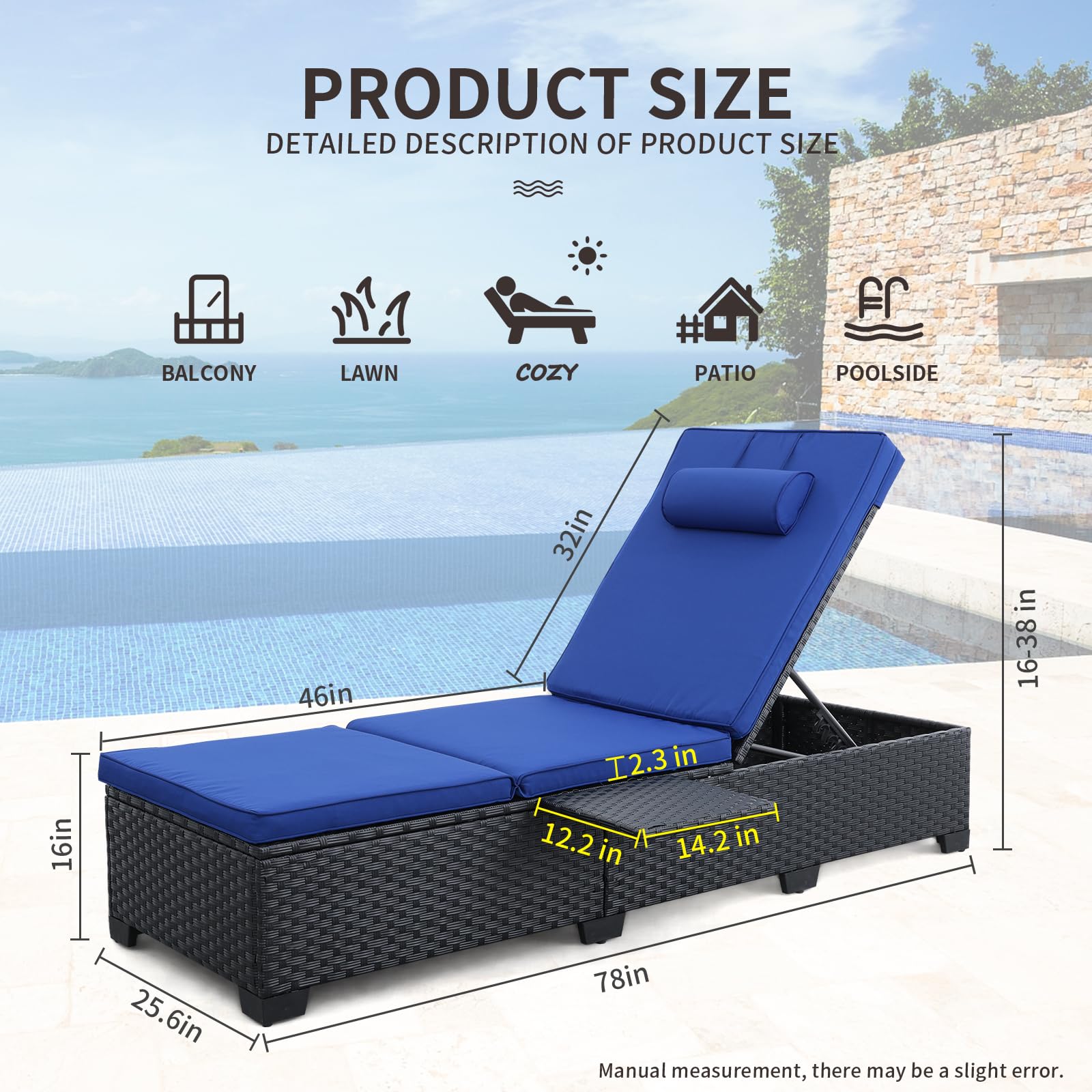 Premium WAROOM Outdoor Chaise Lounge Chairs Set of 2 - Black Wicker Rattan Reclining Pool Sunbathing Chairs with Adjustable Backrest & Royal Blue Cushions - Perfect for Patio, Garden, Poolside Relaxation and Backyard Lounging