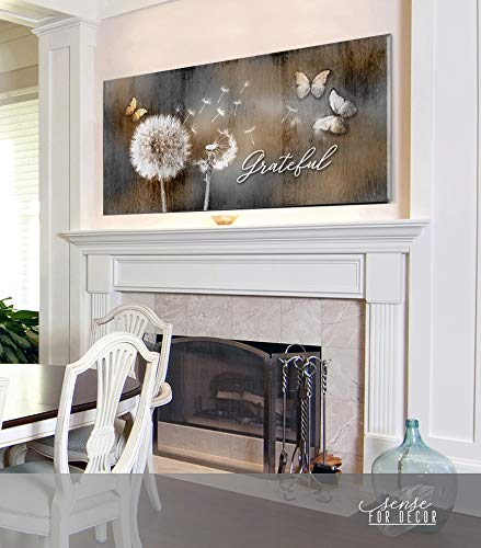 Grateful Dandelions & Butterfly Wall Art - Rustic Bedroom Decor Pictures (42x19, Brown) | Handmade Canvas Painting for Living Room, Bedroom & Office Wall Decoration