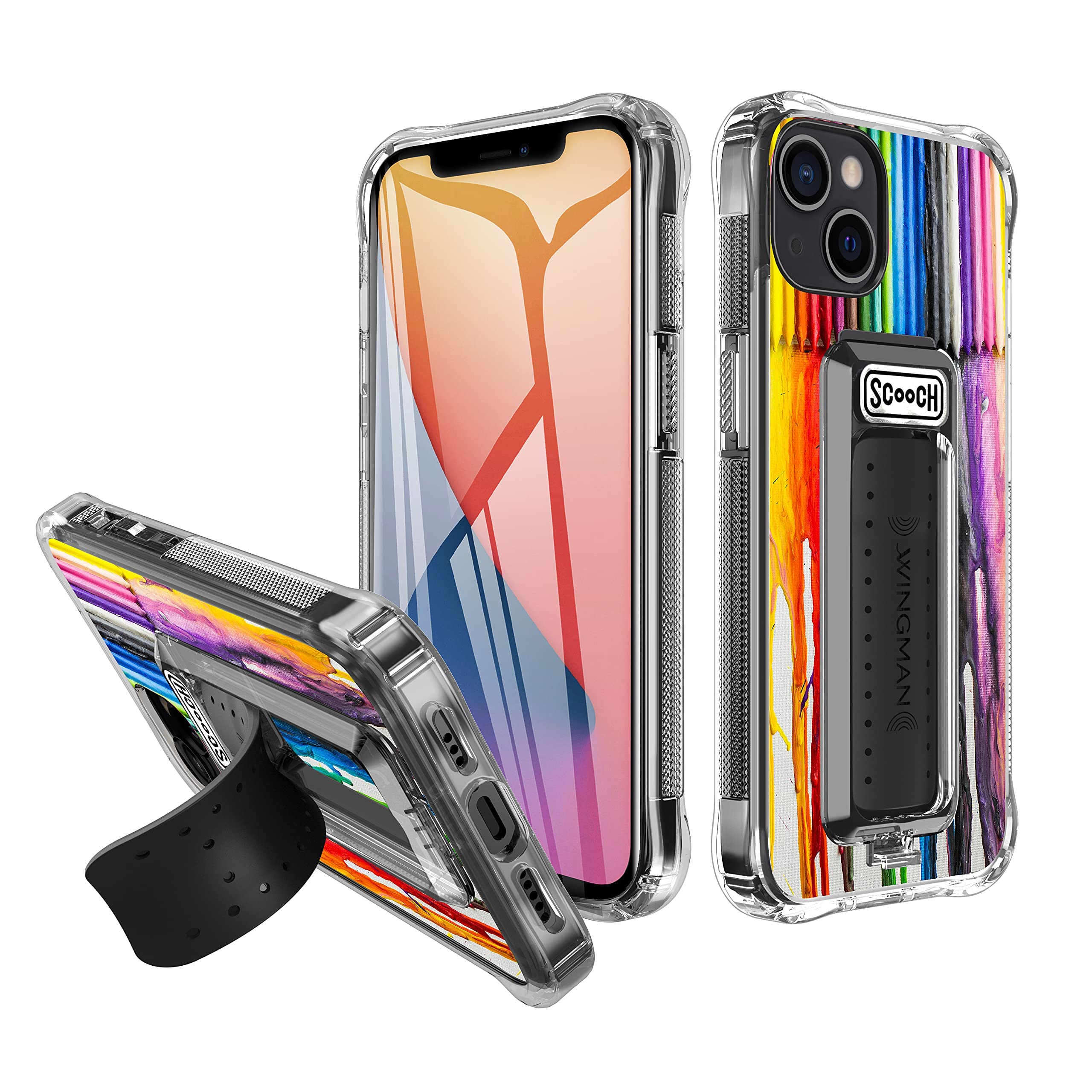 Scooch Wingman iPhone 13 Case with Stand, Phone Grip, and Car Vent Mount | Slim Kickstand Case with 10 ft Drop Protection | Magnetic Car Mount Compatible | Clear/Melted Crayon Design | Perfect for Driving, Travel, and Everyday Use