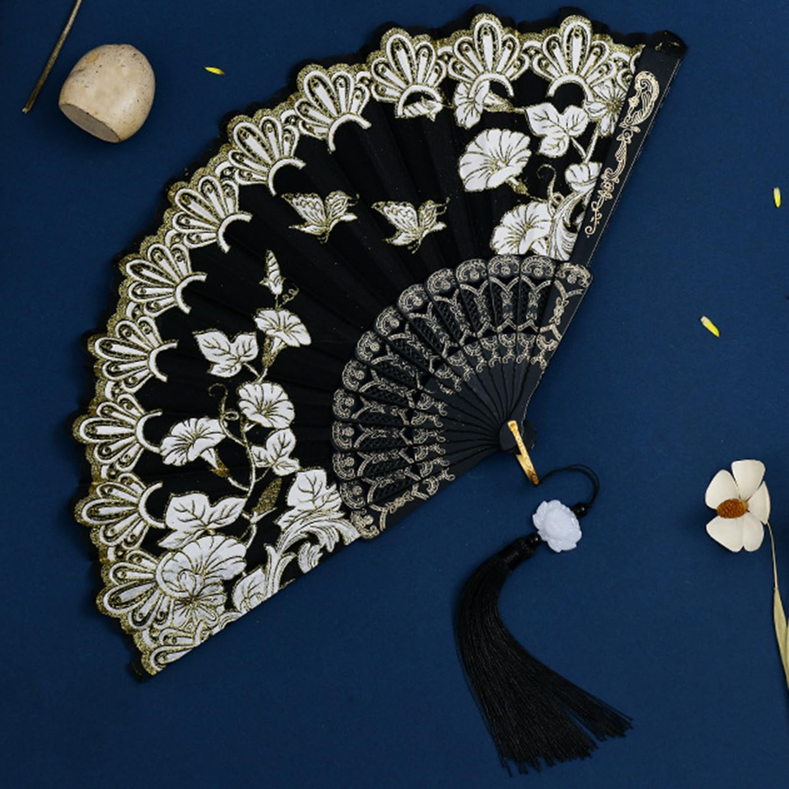 Elegant Chinese Folding Fan with Bronzing Flower Butterflies & Tassel - Handheld Dance Fan, Summer Wedding Accessories, Photo Shoot Props, Cultural Festival Gift for Women, Performances, Cosplay & Home Decor