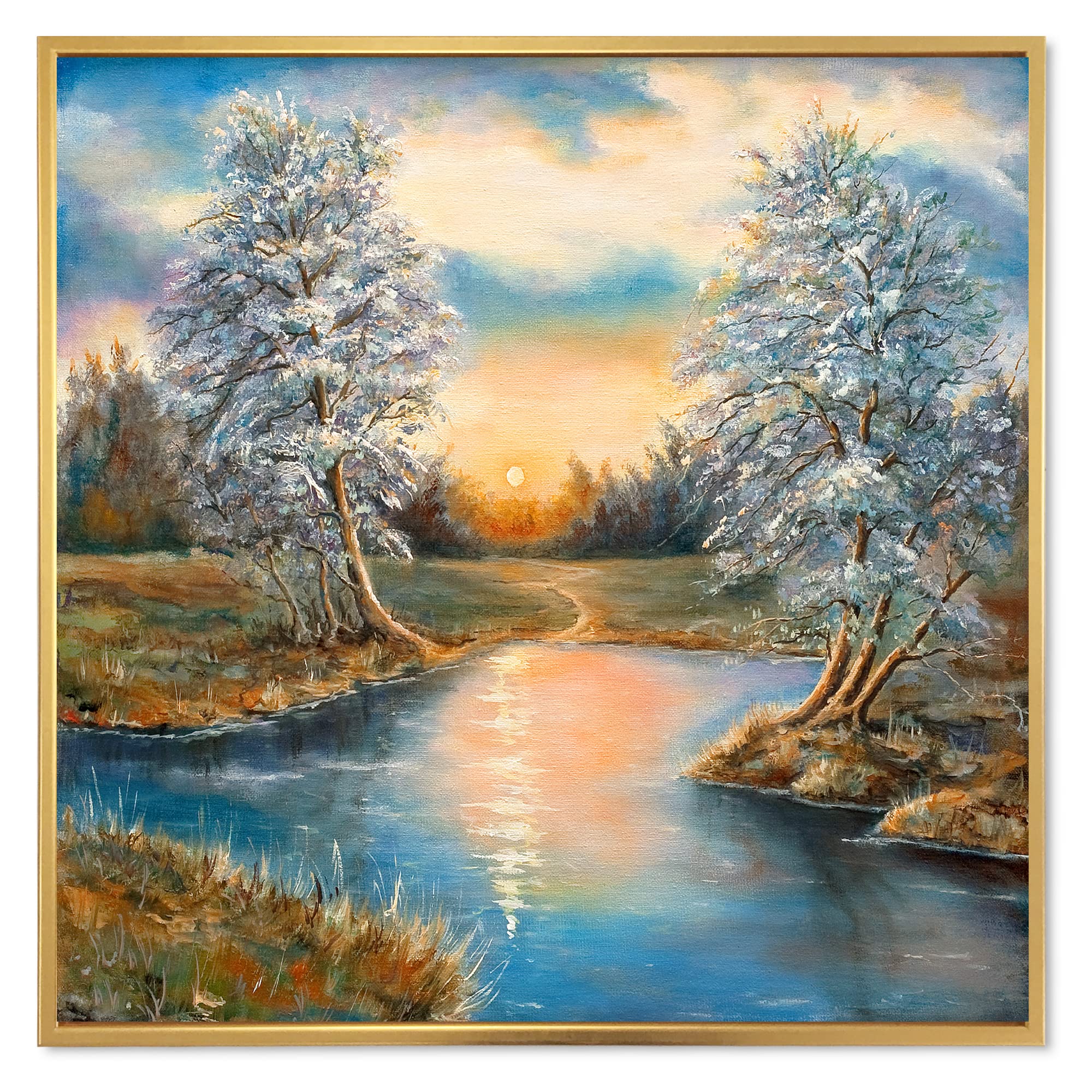 DesignQ Autumn Birch Trees Framed Canvas Wall Art - Lake House Decor, Nature-Inspired Living Room & Bedroom Painting
