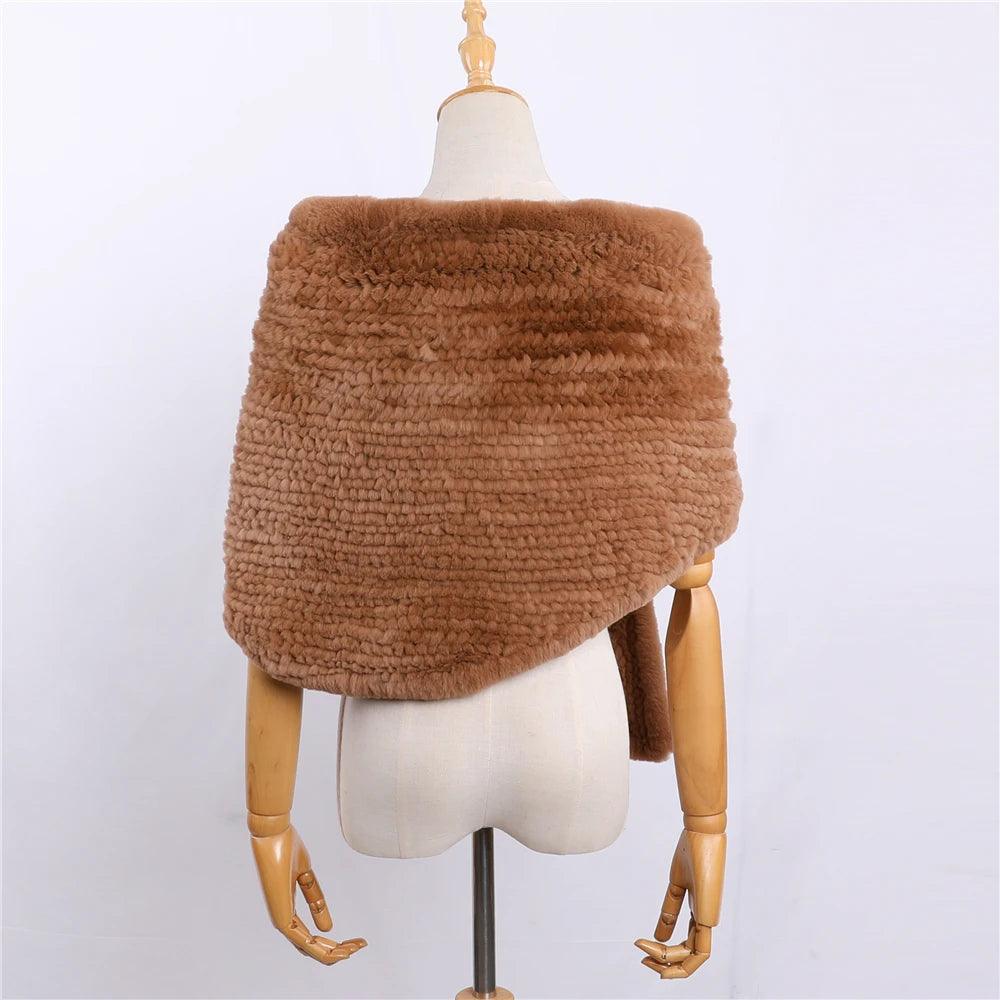 Luxury Hand-Knitted Women's Winter Rex Rabbit Fur Cape Shawl - Warm Elegant Wrap for Cold Weather, Parties & Special Occasions