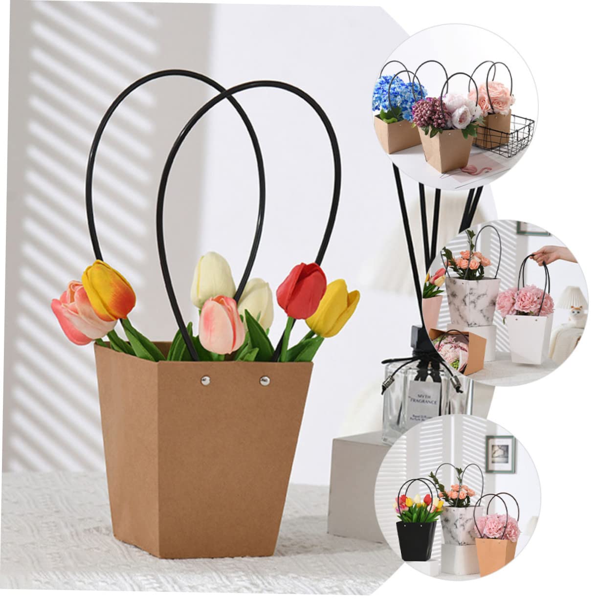 20 Pack Brown Kraft Paper Flower Bags with Handles - Eco-Friendly Bouquet Gift Bags for Weddings, Baby Showers & Party Favors - Portable Bulk Flower Packaging