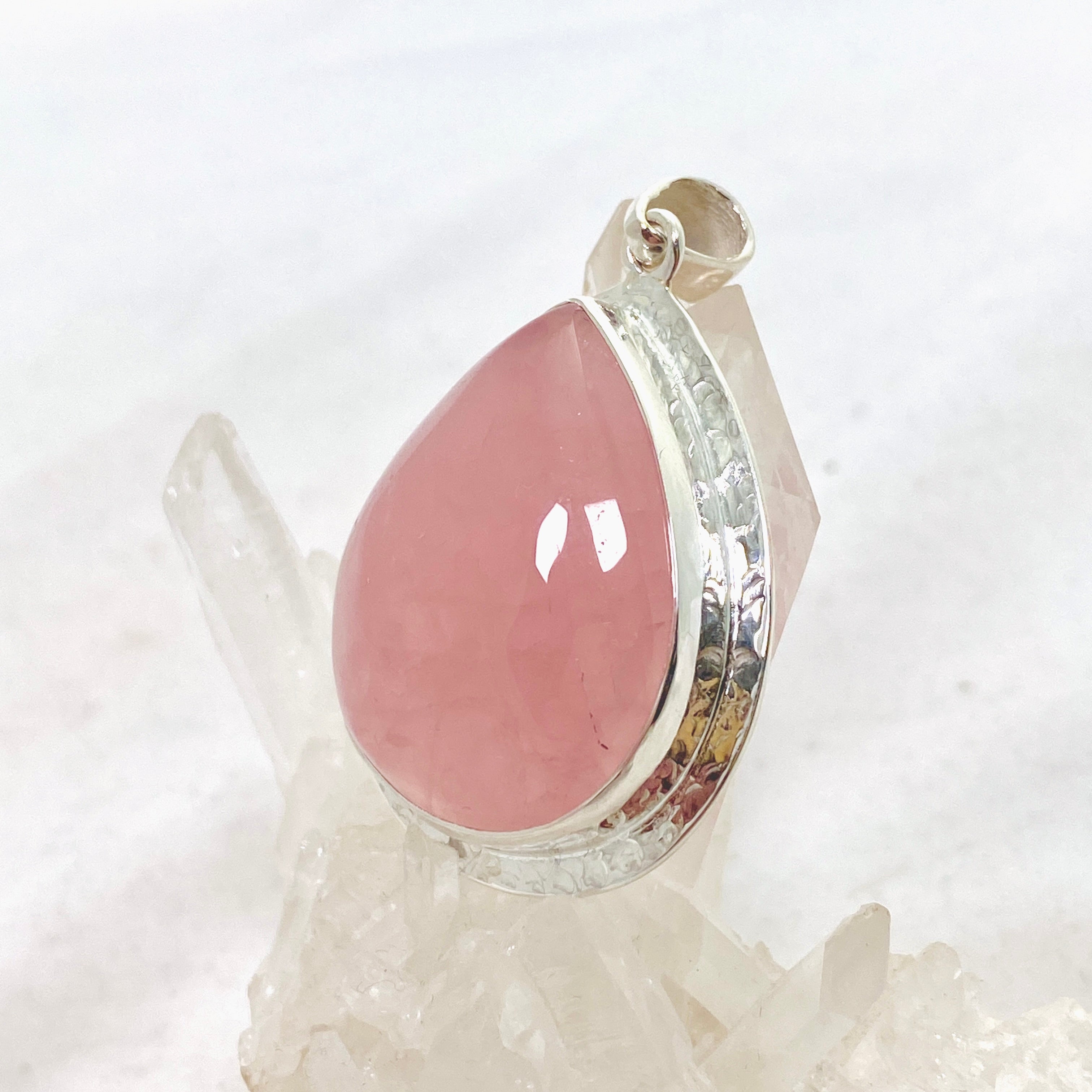 Rose Quartz Teardrop Cabochon Pendant in Hammered Silver Setting KPGJ4688 - Perfect for Meditation, Healing Jewelry & Spiritual Gifts