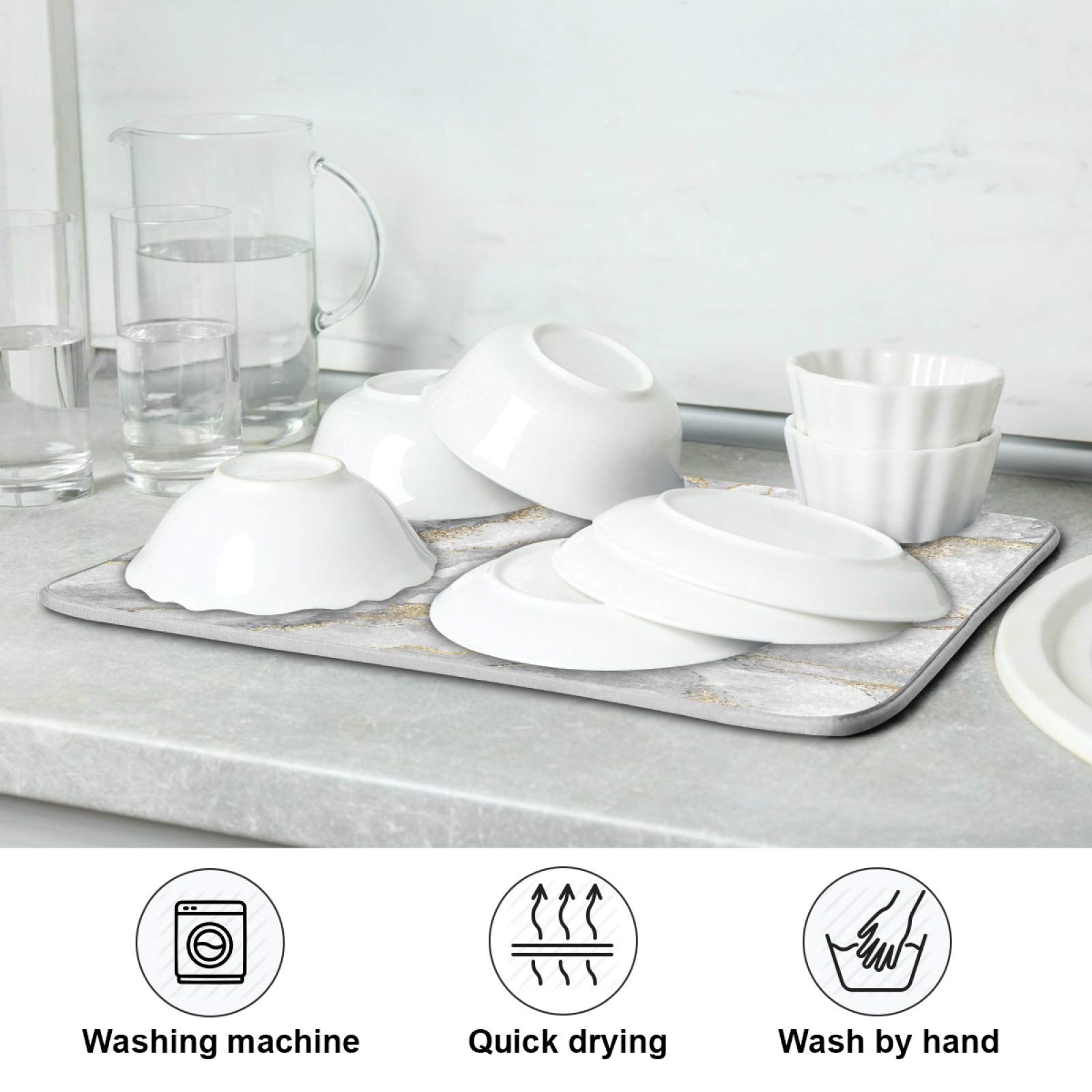 White Marble Dish Drying Mat 16x18 Inch - Absorbent Microfiber for Kitchen Countertops | Perfect for Drying Dishes & Decor
