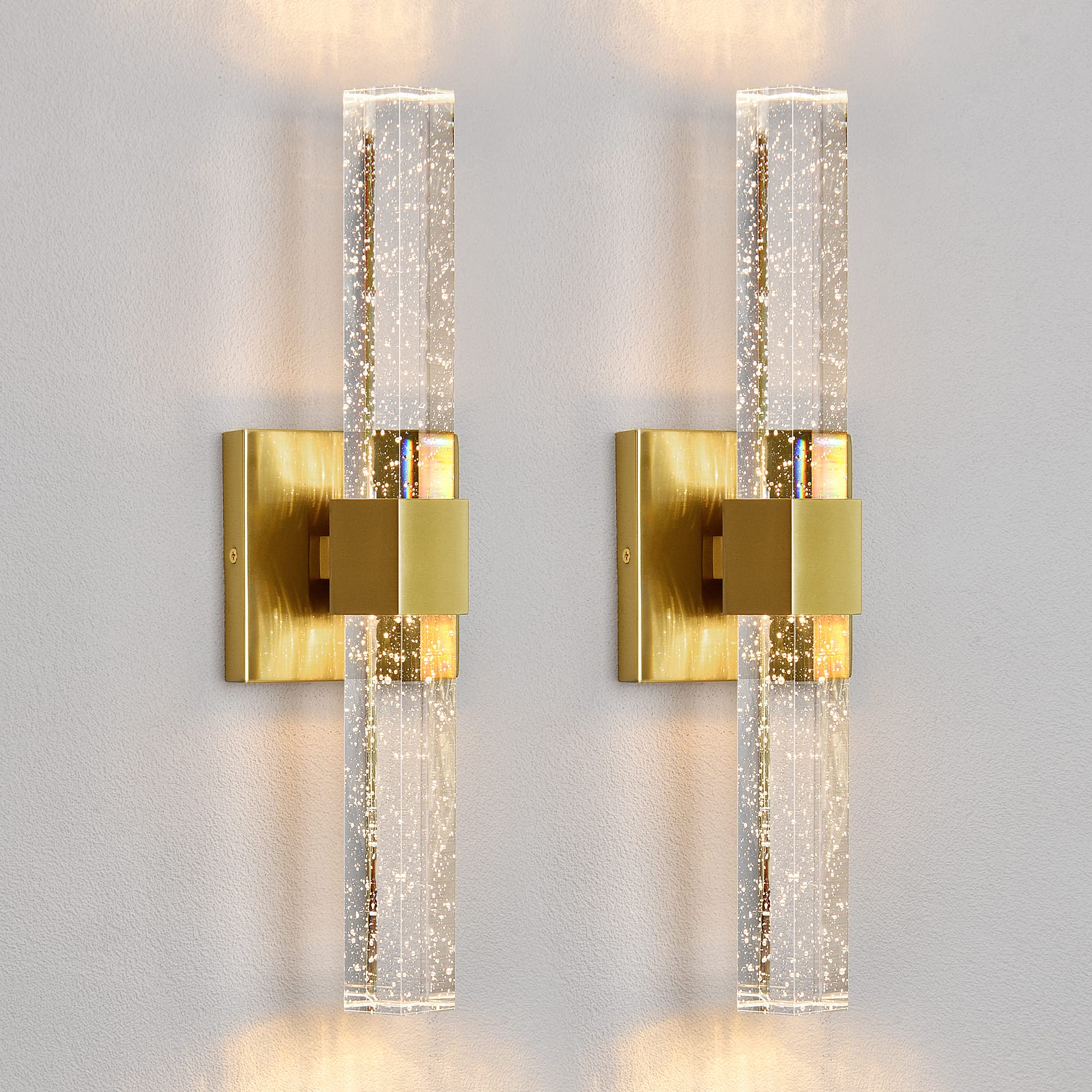 Gold Wall Sconces Set of 2 - 14W Dimmable LED Crystal Bathroom Light Fixtures with Bubble Glass (15.7 Inch) - Indoor Vanity Lighting for Bathroom, Hallway & Bedroom (2 Pack) | Perfect for Modern Home Décor & Ambient Lighting