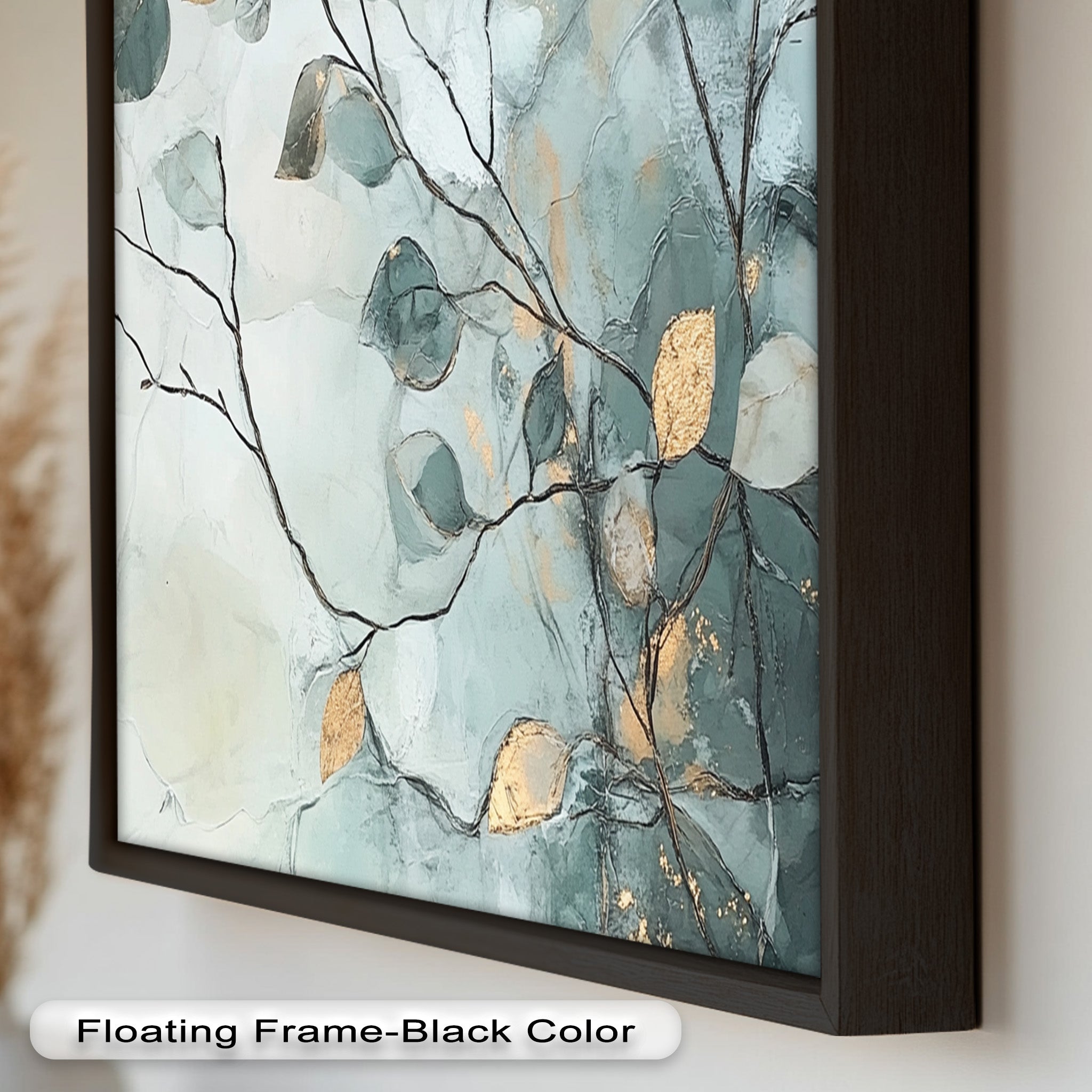 Blue and Metallic Leaf Branch Abstract Oil Painting - Handmade Canvas Wall Art for Living Room, Bedroom & Office Decor