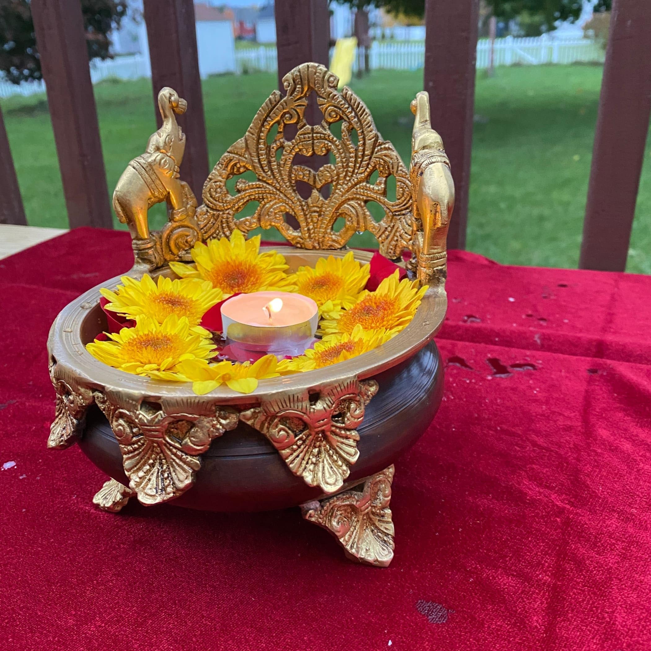 LOVENSPIRE 6.5 Inch Brass Urli Bowl with Elephant Design - Indian Ethnic Floating Flower Bowl for Tea Light Candles, Home & Office Decor, Pooja Room Showpiece - Perfect for Diwali, Housewarming Gifts & Meditation Spaces